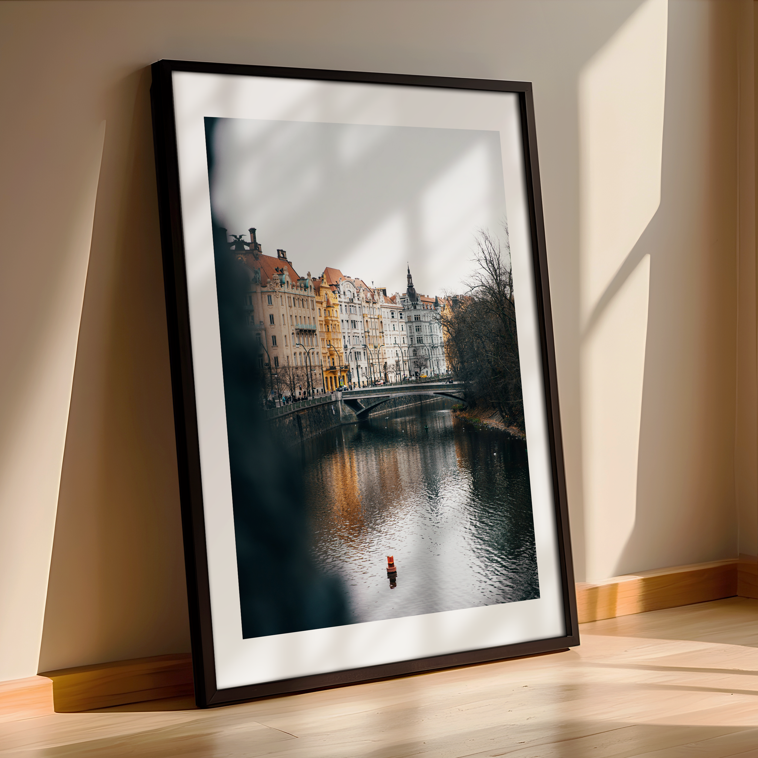 Golden Hour Reflections – Framed Cityscape Print of Prague’s Historic Riverside