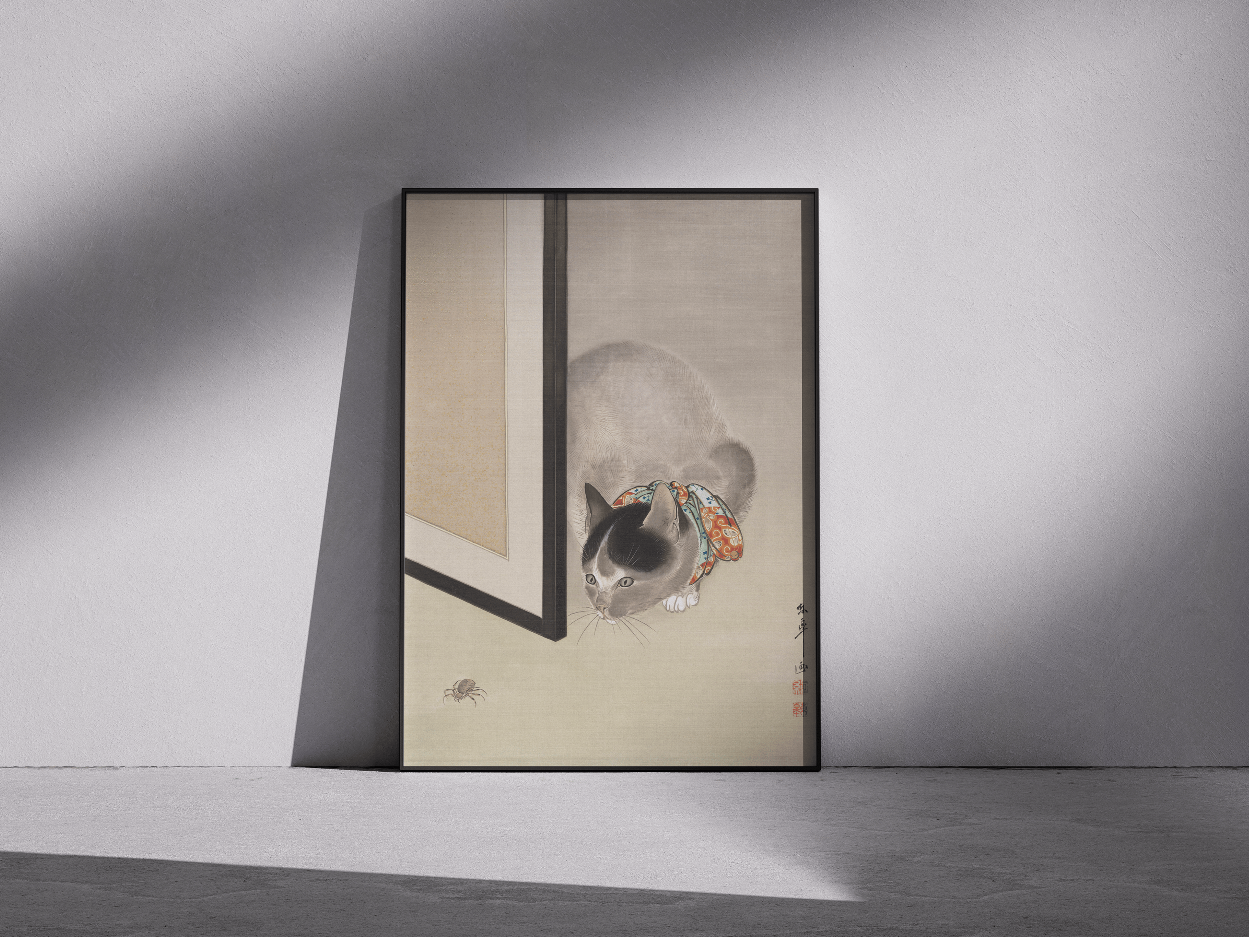 Cat Watching a Spider by Oide Tōkō - Japanese Fine Art Poster - Soft Pastel Beige Wall Art