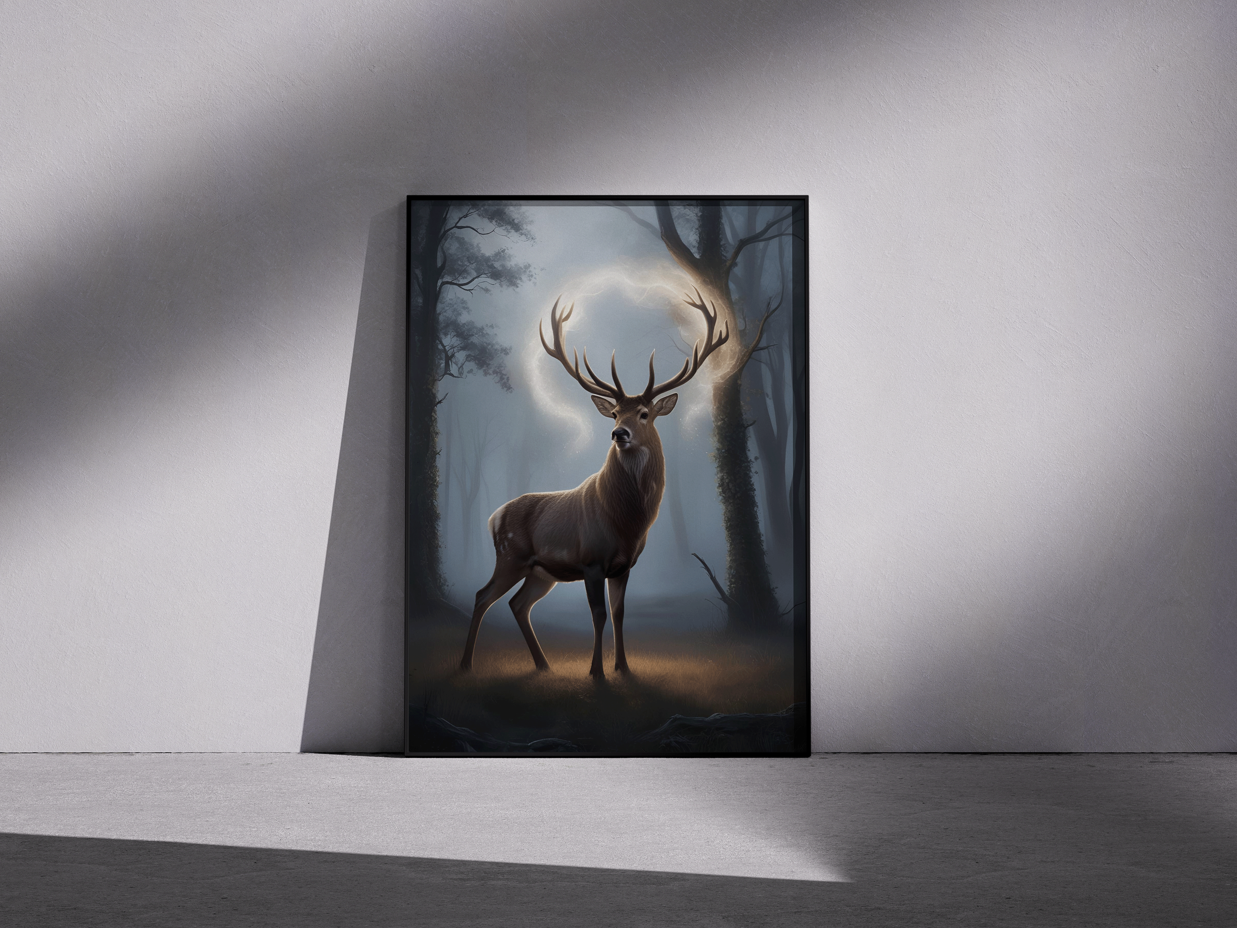 Crowned by Light - Enchanted Stag in Woodland Glow - Framed Animal Poster