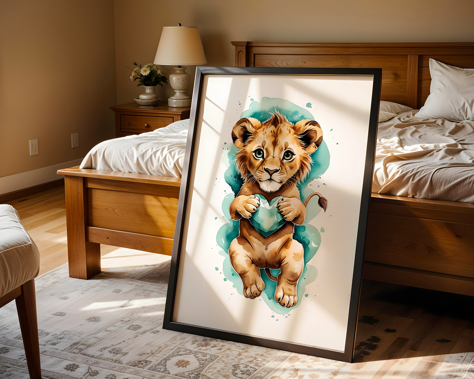 Drift & Heart – Playful Lion Framed Poster in Watercolor