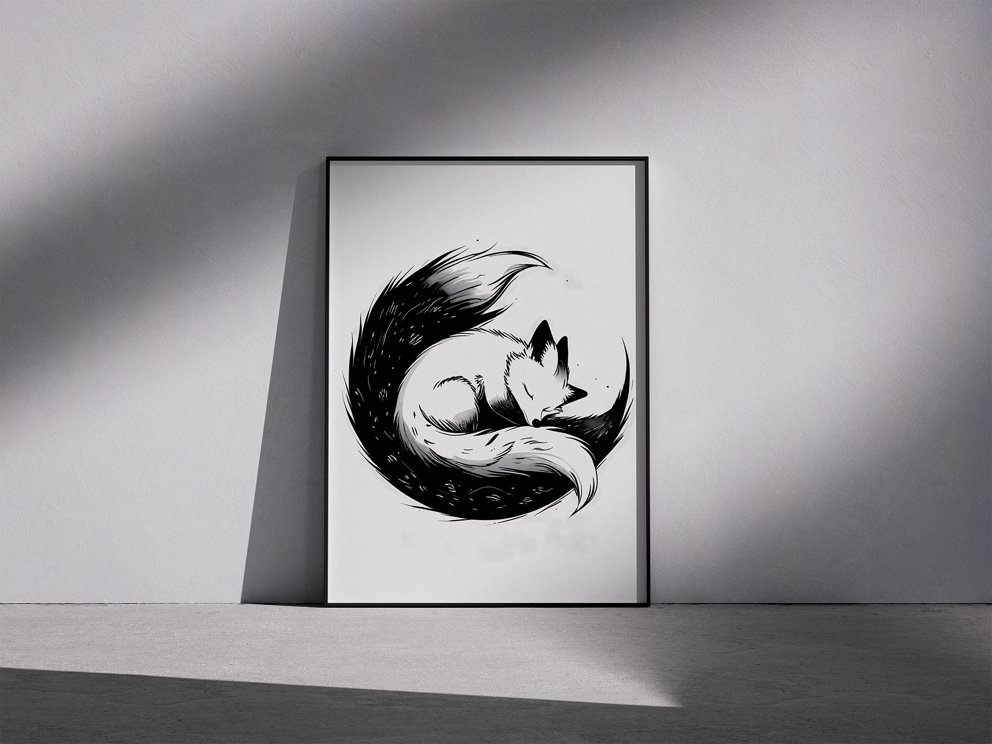 Stillness in Ink – Minimalist Sleeping Fox Framed Poster For Animal Lovers