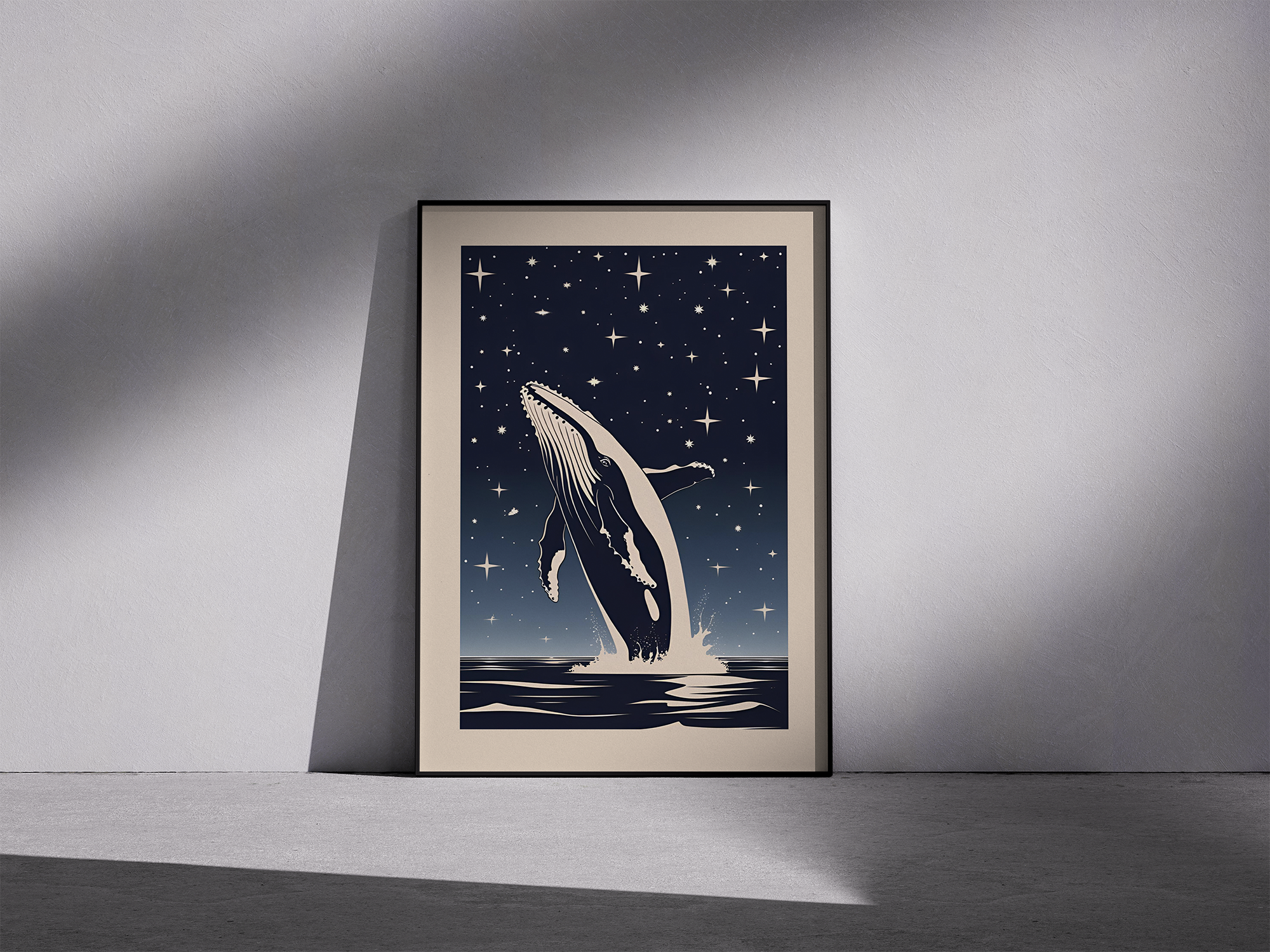 Night Break – Minimalist Whale Framed Poster Under the Stars