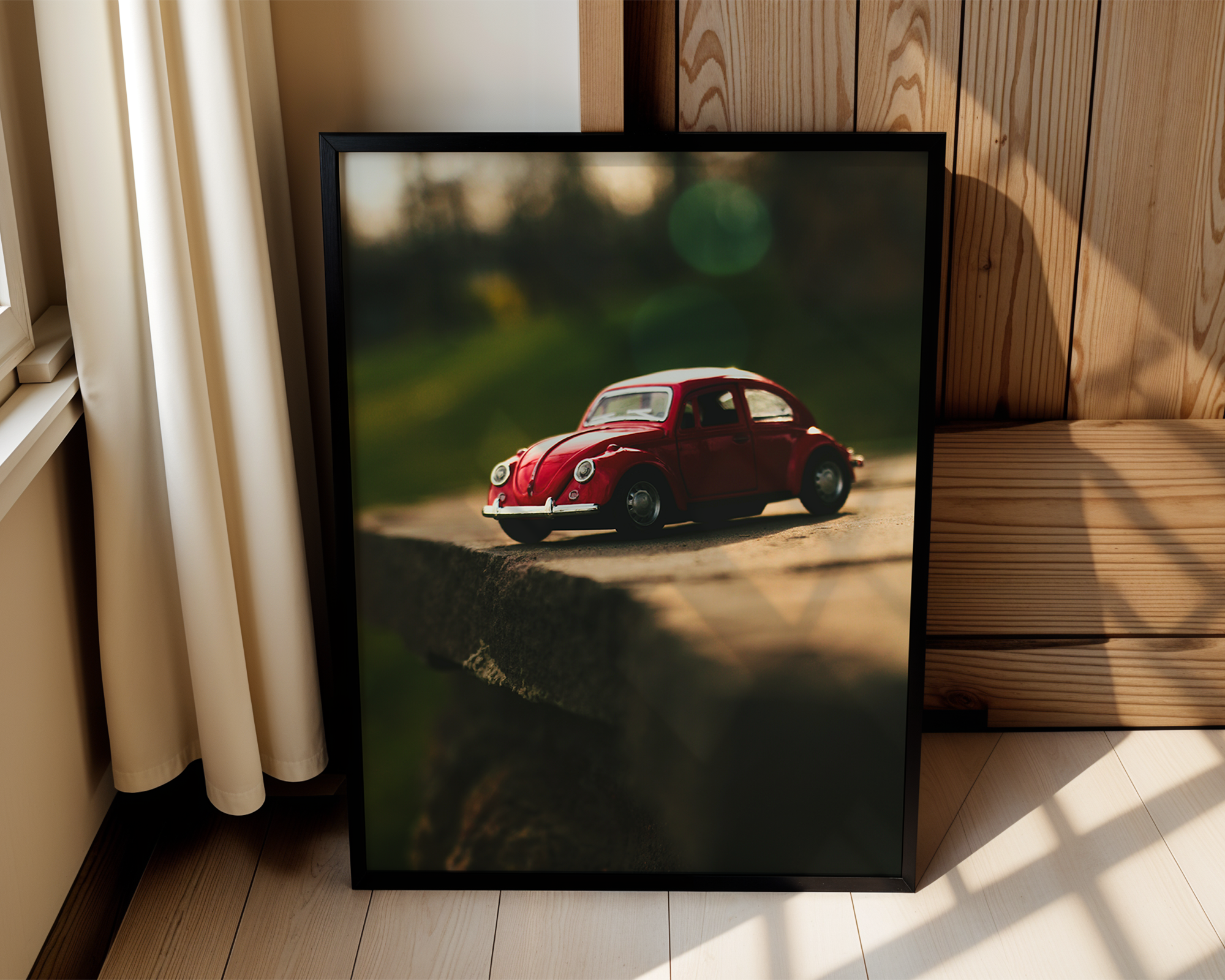 Classic VW Beetle Miniature Poster – Nostalgic Red Bug on Stone Ledge Wall Art