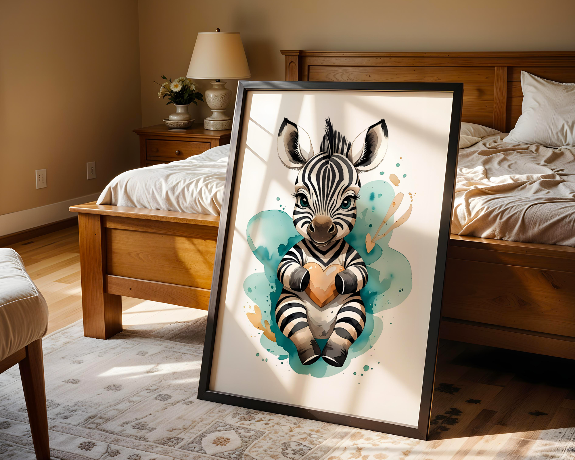 Drift & Heart – Playful Zebra Framed Poster in Watercolor