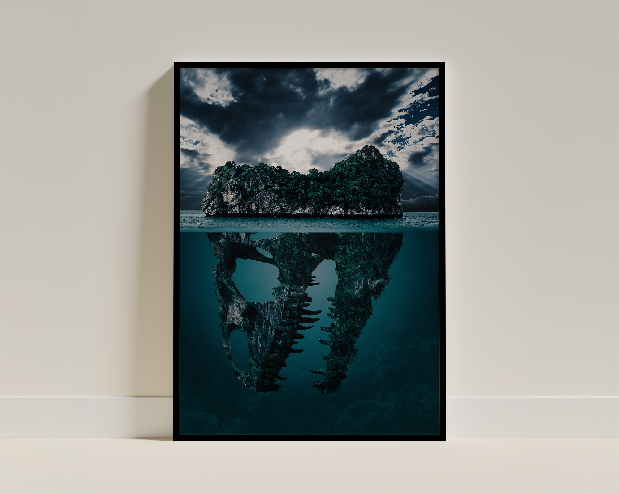What Lies Beneath – Surreal Framed Poster of Island and Prehistoric Remains