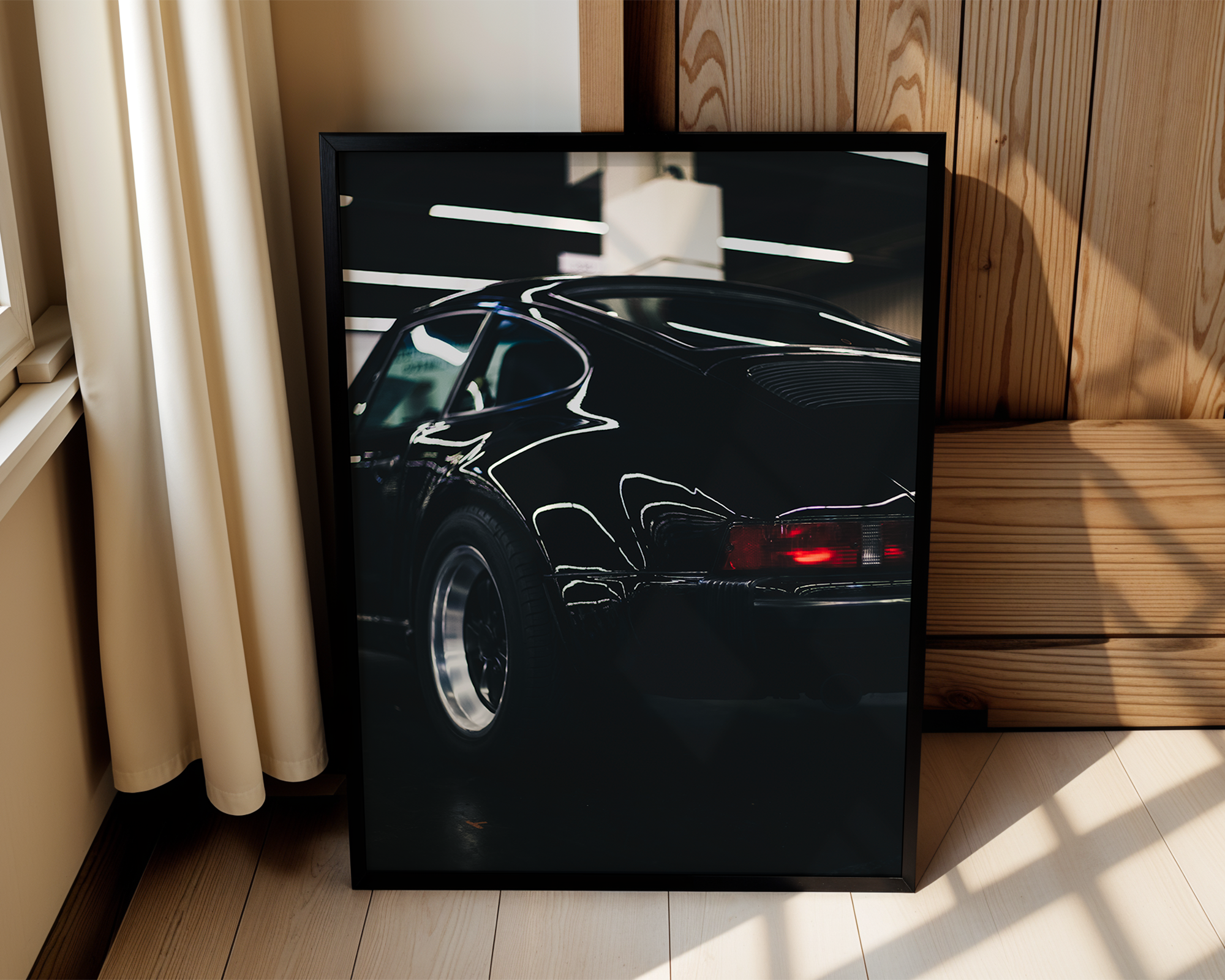 Porsche 911 Rear View Framed Poster – Moody Garage Scene Wall Art
