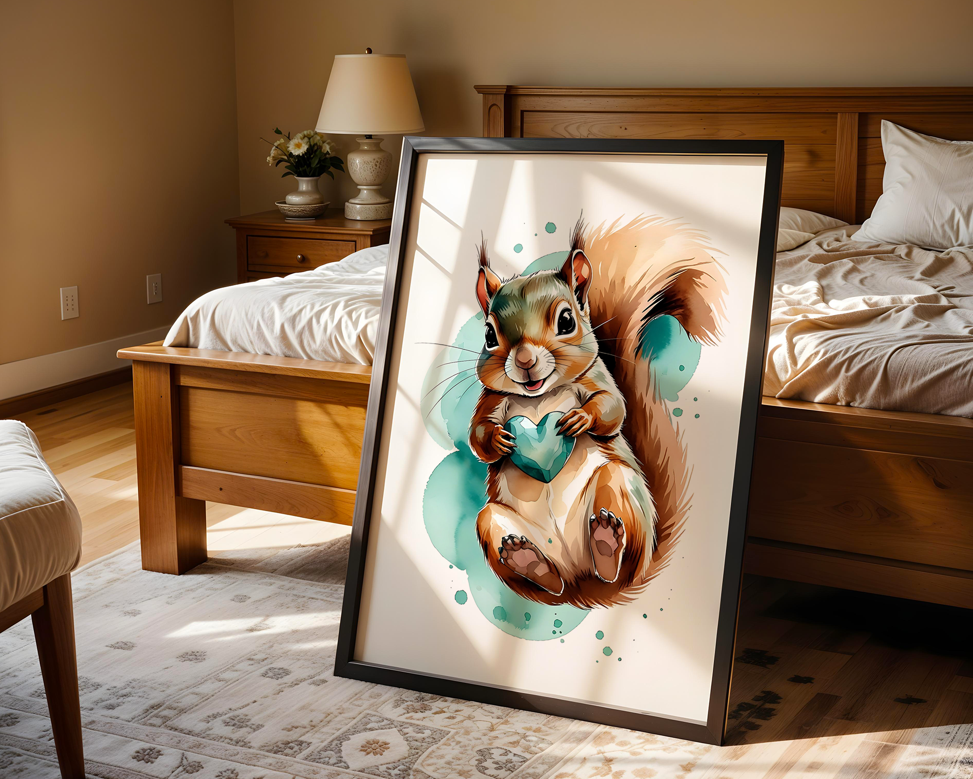Drift & Heart – Playful Squirrel Framed Poster in Watercolor