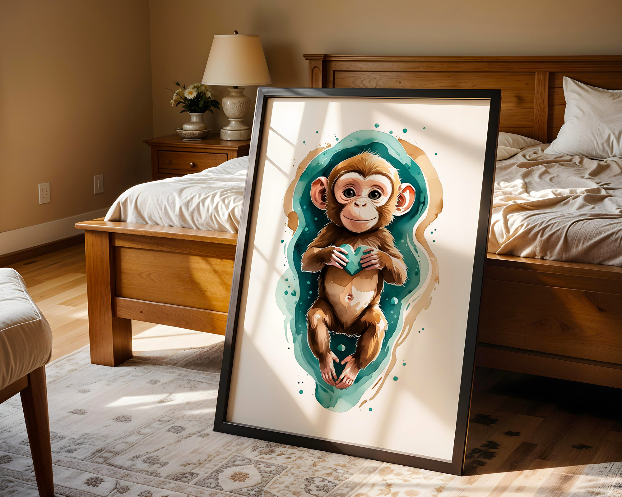 Drift & Heart – Playful Monkey Framed Poster in Watercolor