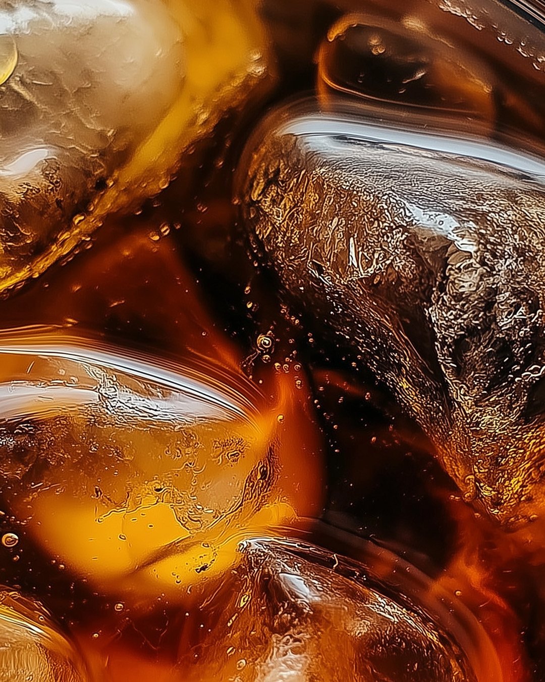 Close-up view of ice cubes in a glass of cola.