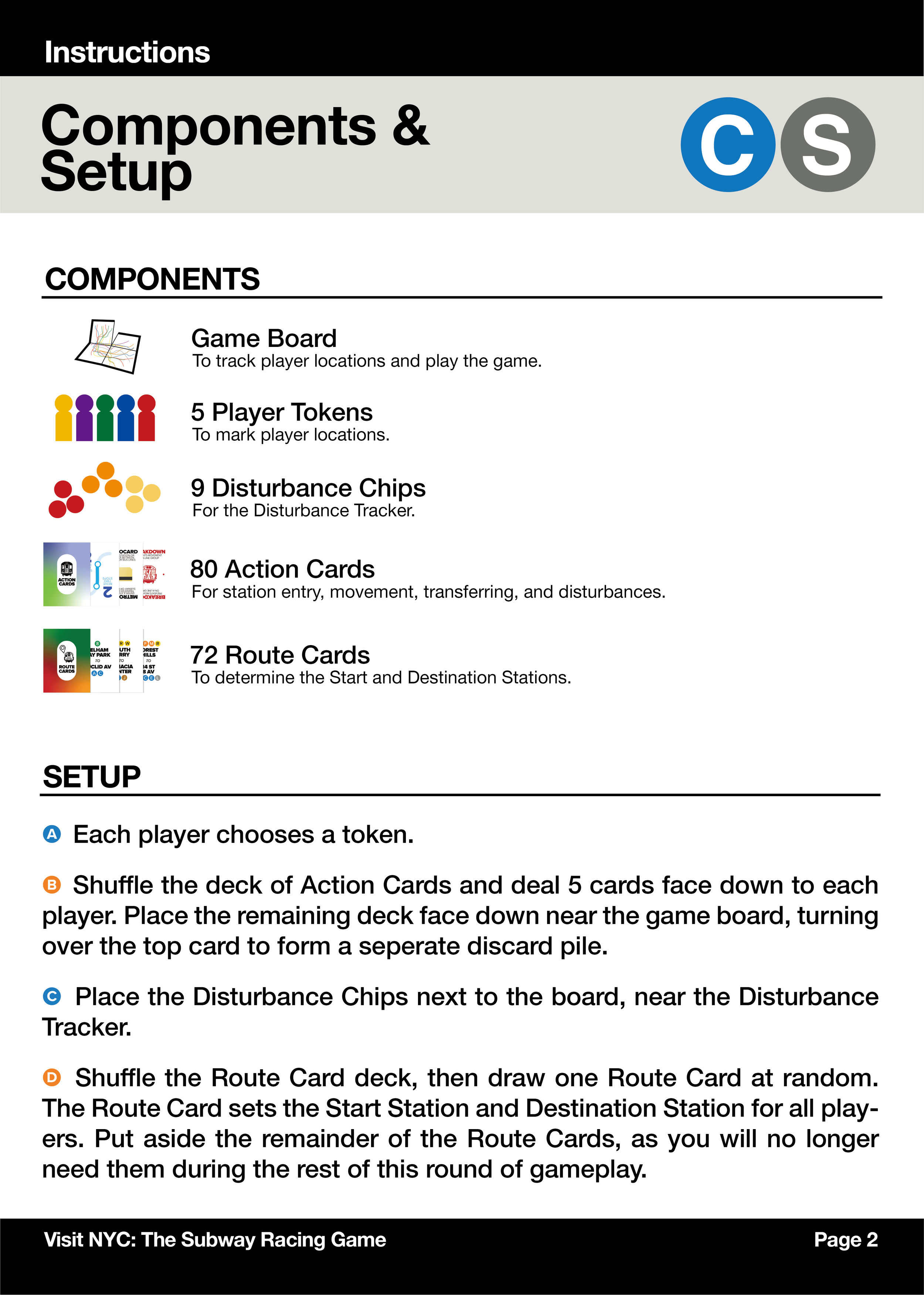 Page 2 of the Subway Racing Game instructions, showing components like game board, player tokens, disturbance chips, action cards, route cards, and setup instructions.