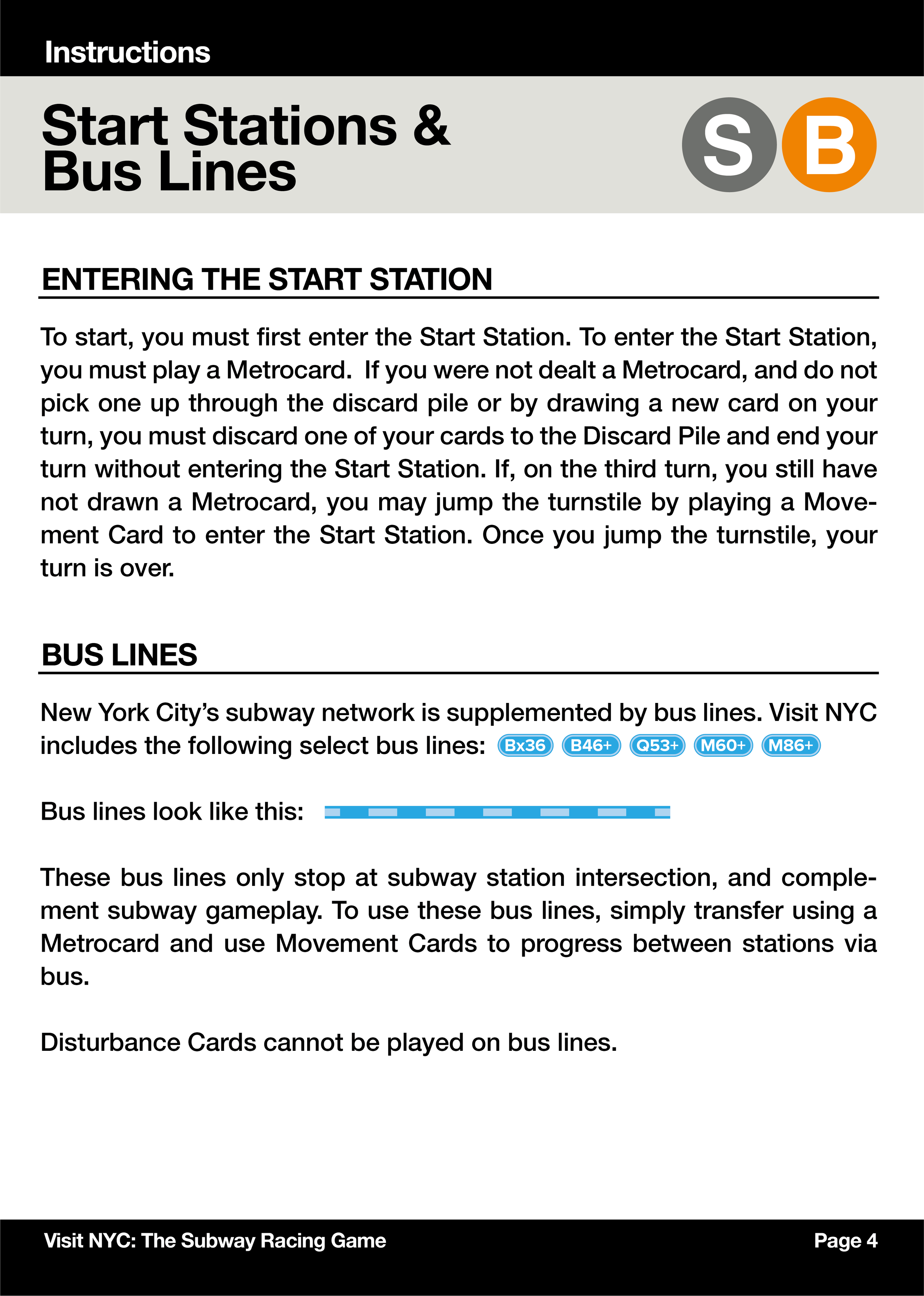 Instructions for starting subway stations and bus lines in NYC, including how to use Metrocards and Movement Cards, with sample symbols for buses and subway lines, and a black footer indicating page 4 of the Subway Racing Game.
