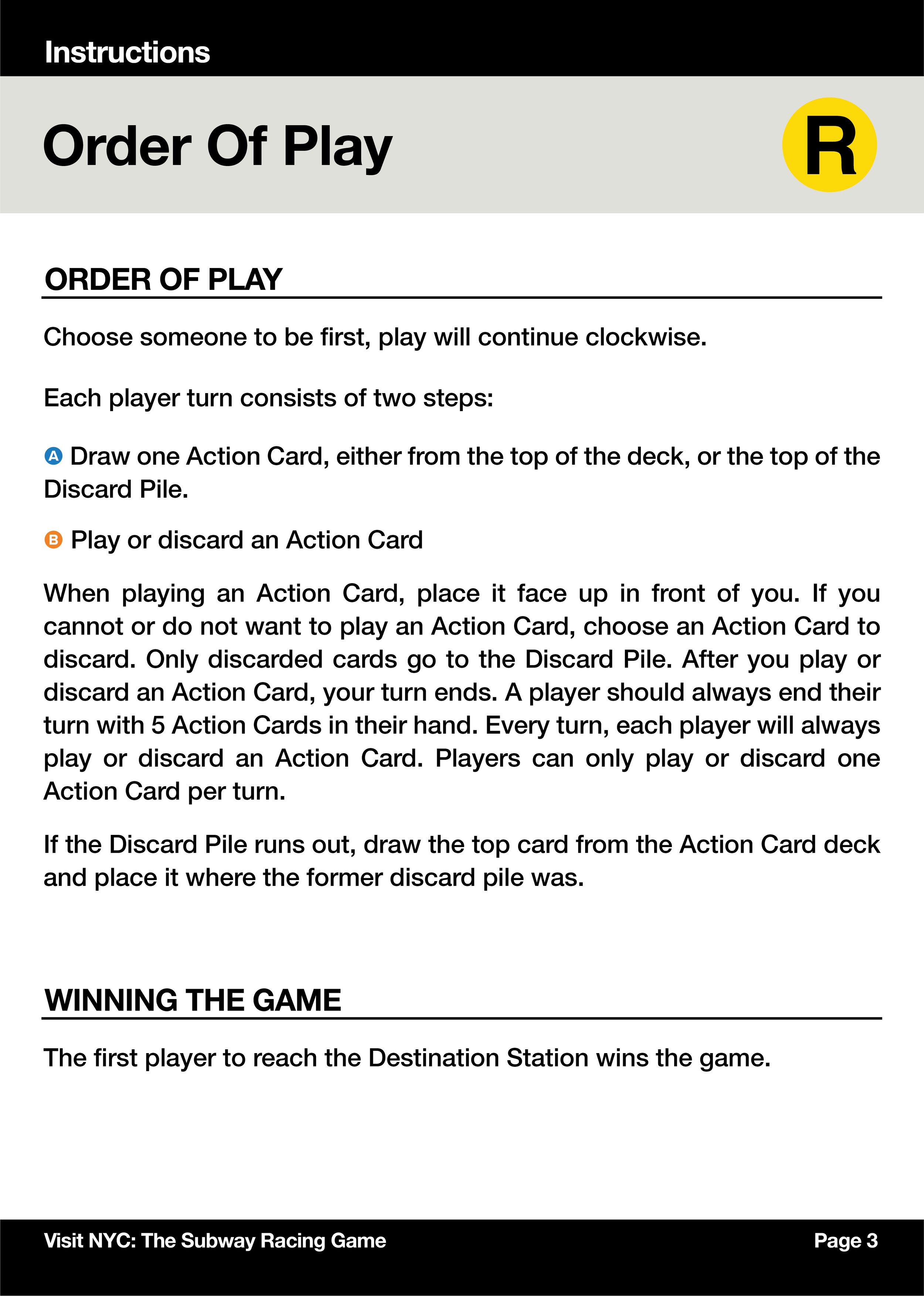 Page from a game instruction manual titled "Order Of Play" with rules for a subway racing game, including steps for drawing and playing Action Cards, and ending the turn. Contains section headings, bullet points, and a footer with website and page number.