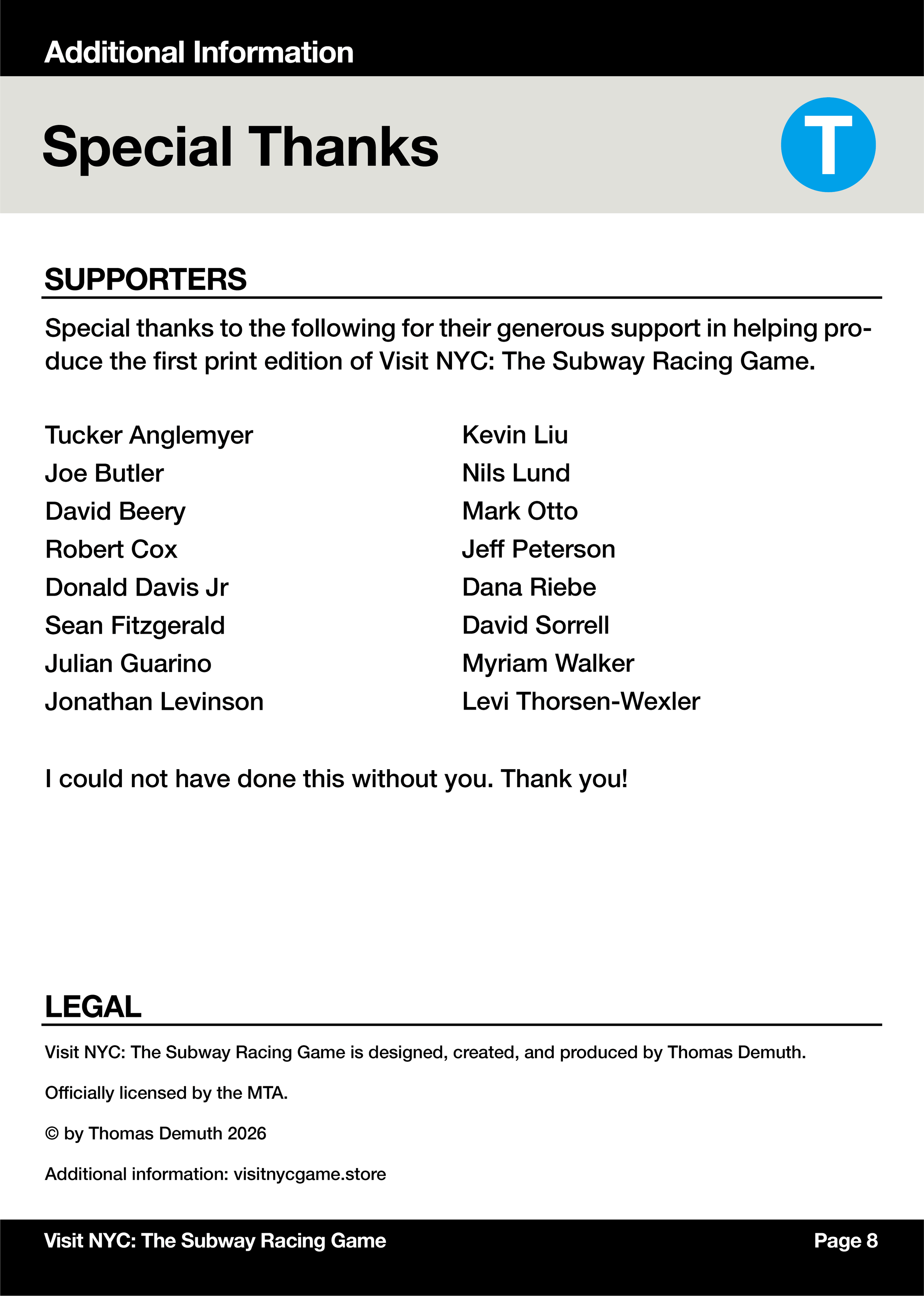 Page from a support or acknowledgments section, titled 'Special Thanks', with a list of supporters' names and a legal disclaimer at the bottom. It includes a blue circle with a white 'T' on the upper right.