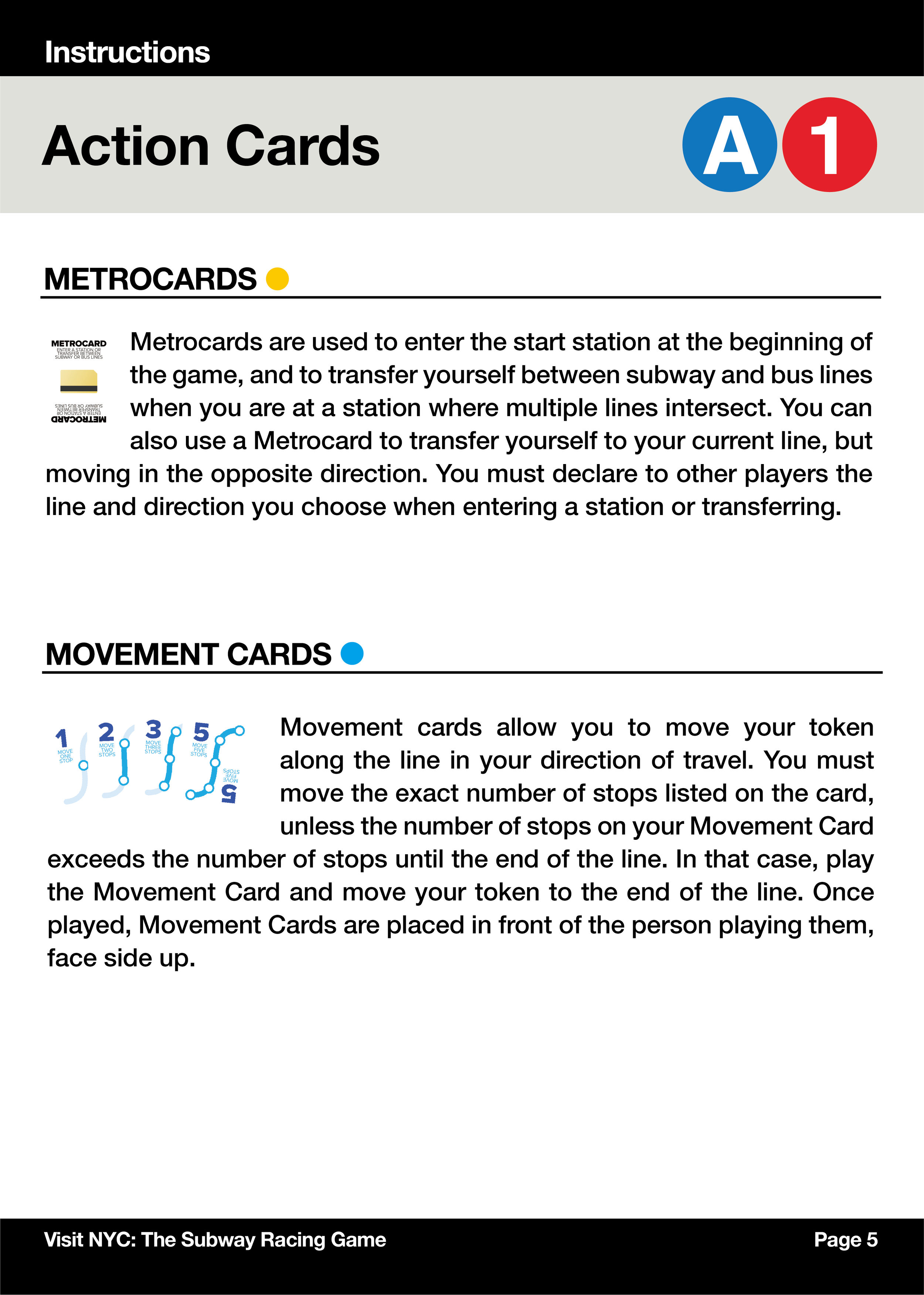 Page from a subway racing game instruction manual explaining action cards and movement cards with colorful icons and diagrams, including the NYC Subway logo and page number 5.
