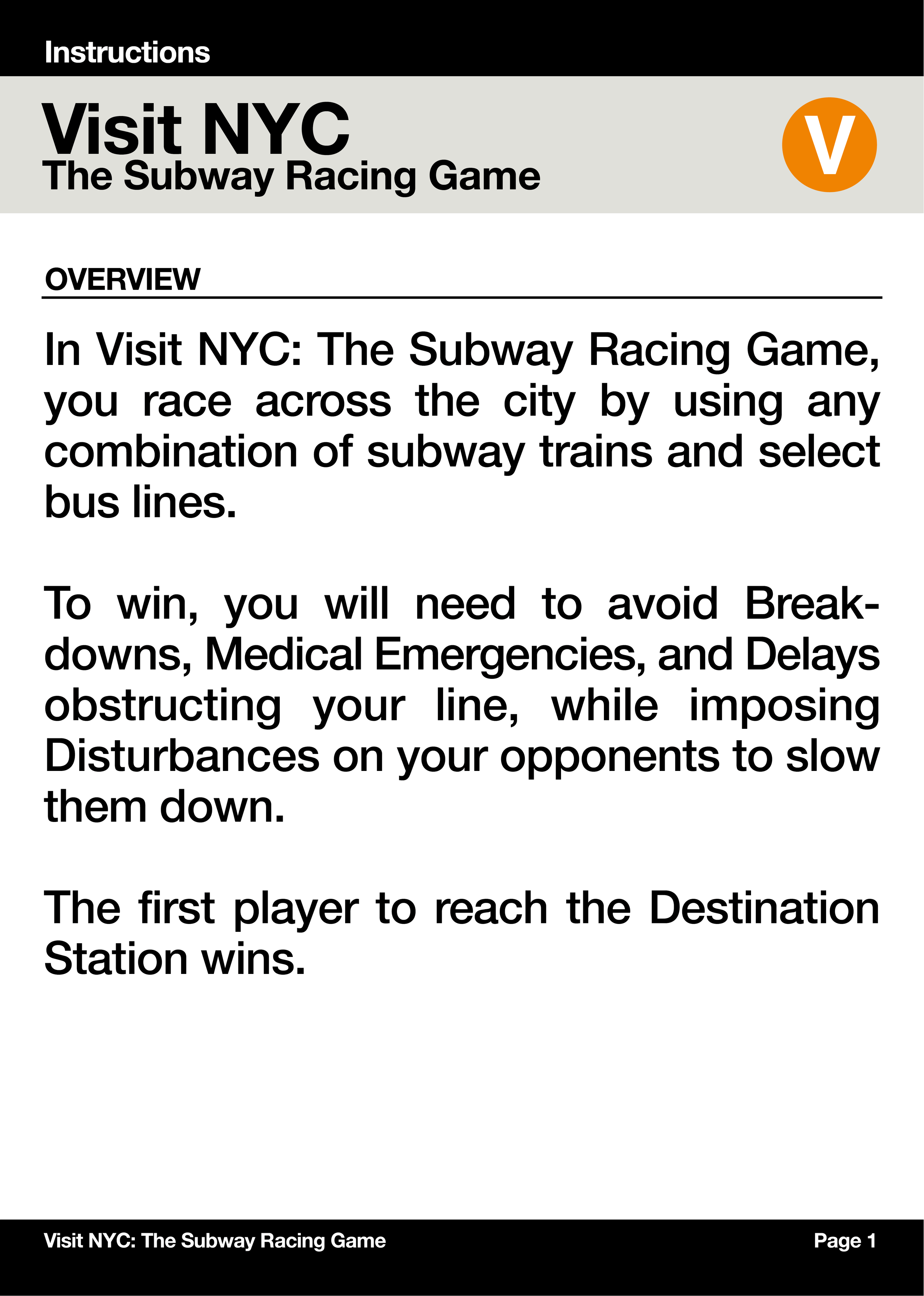 Instruction page for 'Visit NYC: The Subway Racing Game,' explaining the rules and objective of racing across New York City using subway trains and bus lines, with navigation instructions at the bottom.