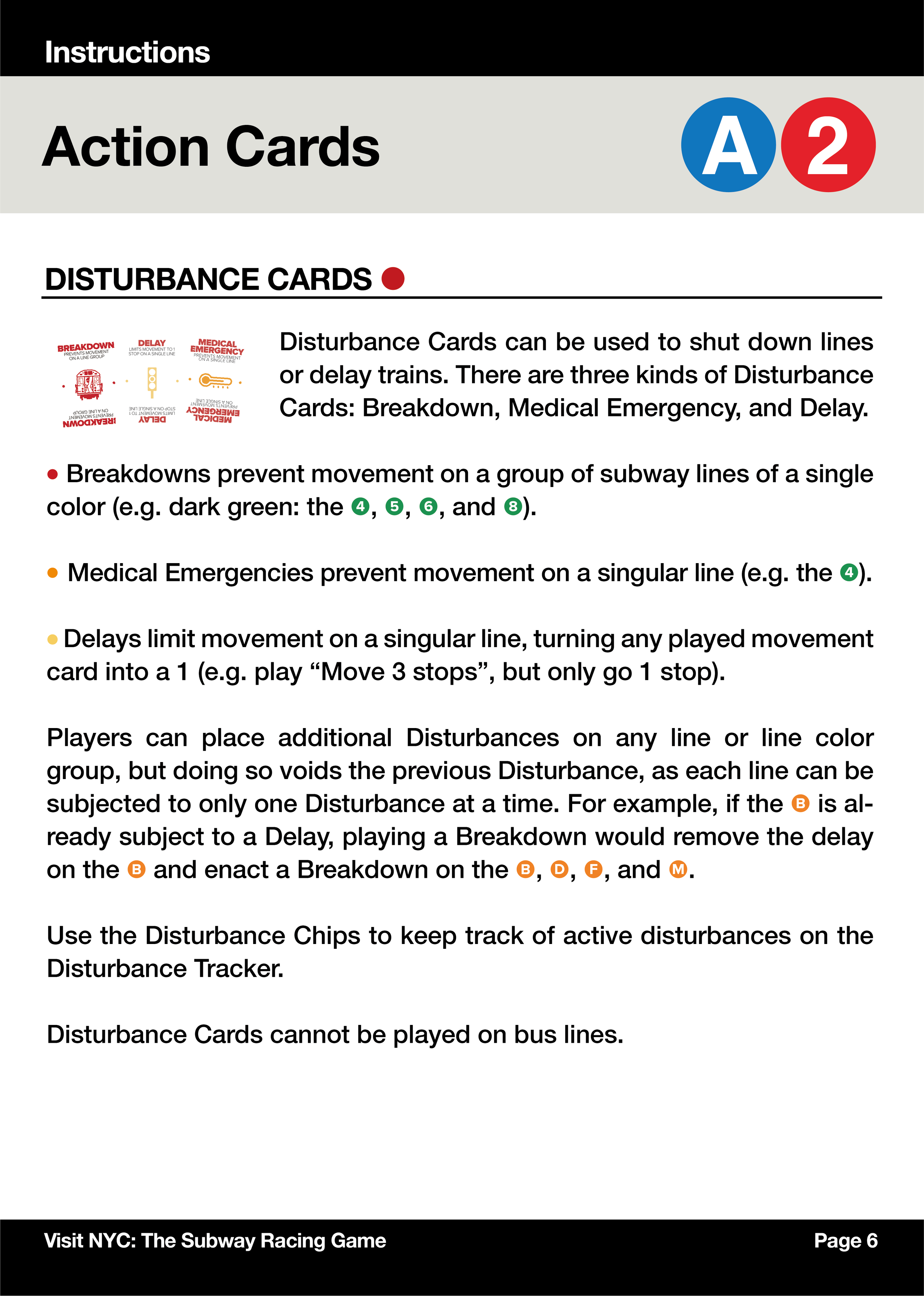 Page from a subway training manual with instructions for action cards, discussing disturbance cards used to shut down lines or delay trains, types of disturbance cards, and their effects on subway lines, with some colored circles and text highlighting key points.