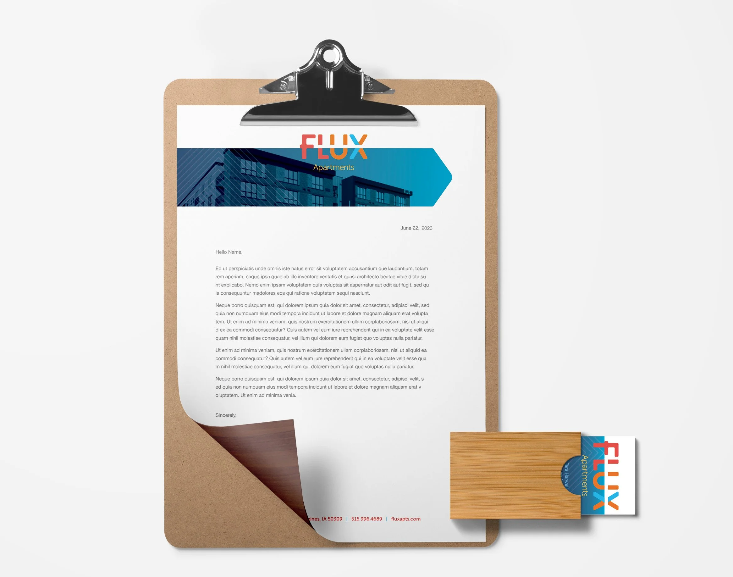 Flux Apartments branded stationery