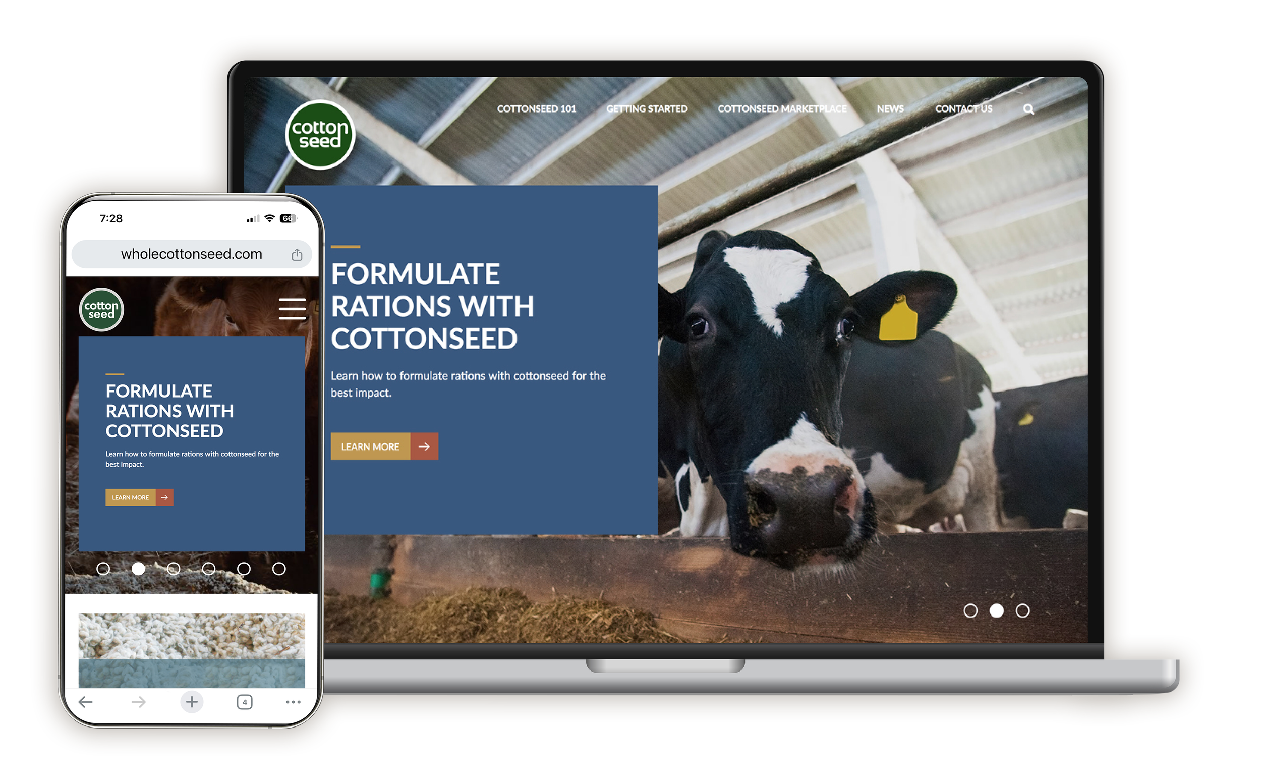 WholeCottonSeed.com responsive website on desktop and mobile