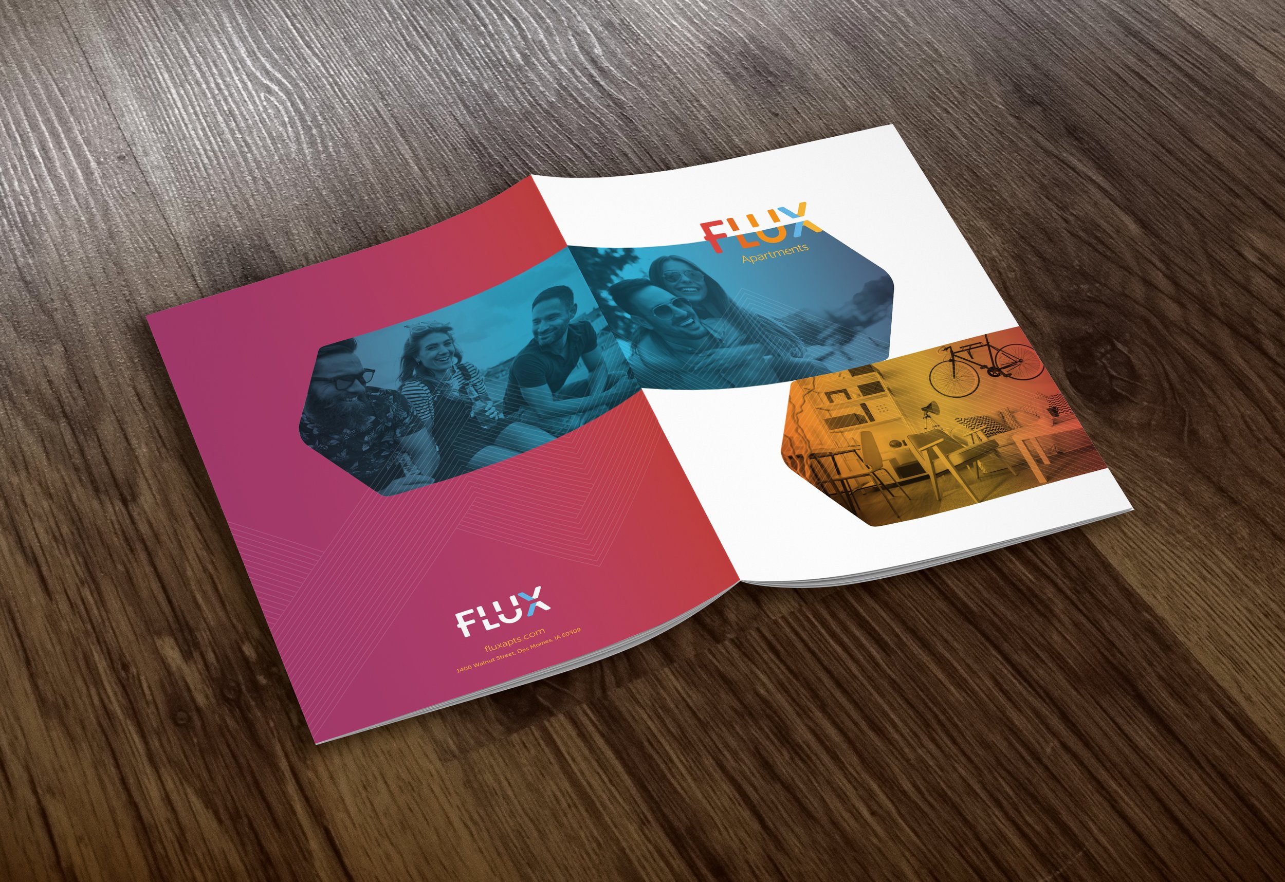Flux Apartments branded folder and stationery