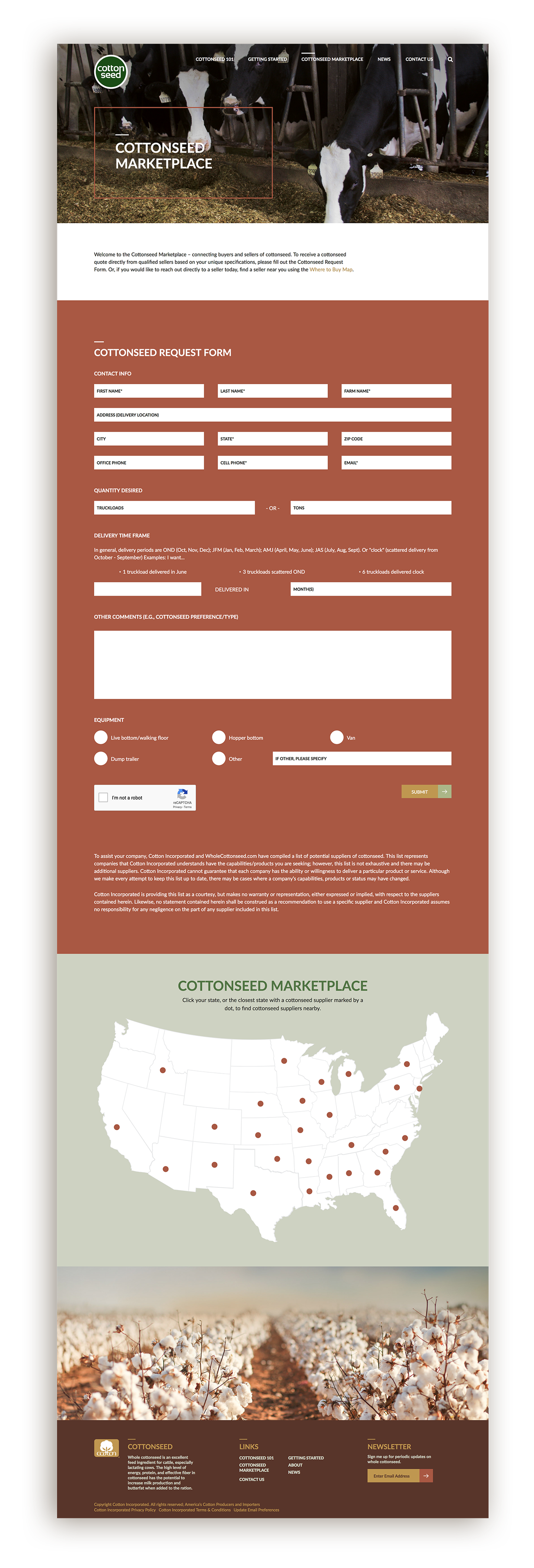 WholeCottonSeed.com forms, maps, and informational web pages