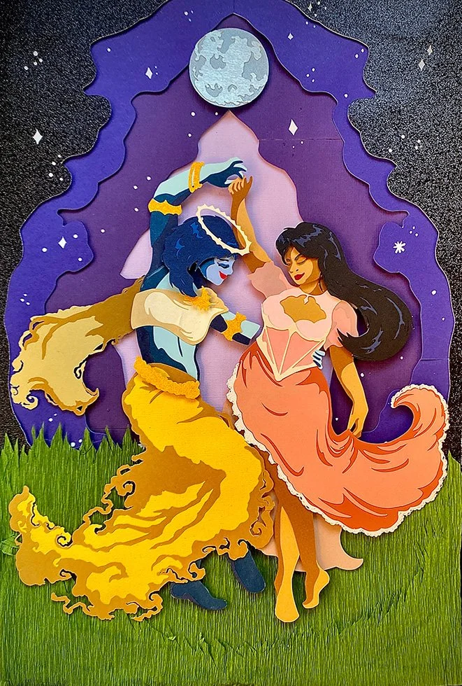 First love by chaneryna thach, laser cut figures dancing under the night sky and a moon.