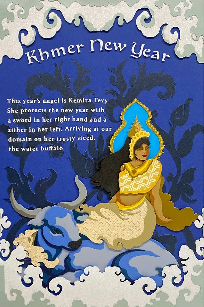 This piece focuses on the identity of the New Year angel, depicting her alongside her symbolic animal companion. Together, these elements reflect her role, characteristics, and the traditions associated with her presence during the new year.