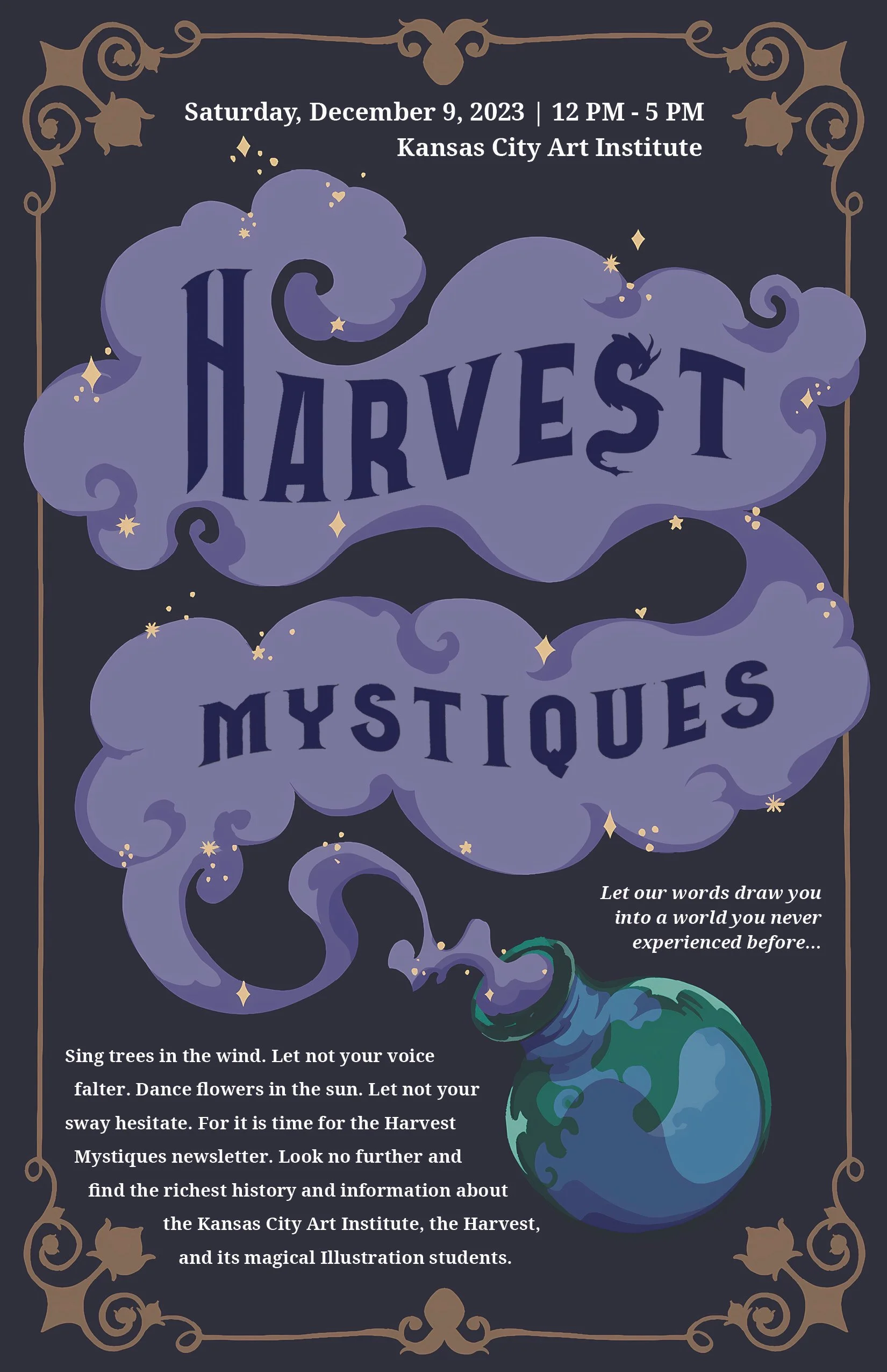 This illustration was created as a newsletter cover for Harvest, an annual event hosted by the Illustration Department. Inspired by the theme Mystiques, the composition features a potion emitting smoke, with the title integrated into the imagery and 