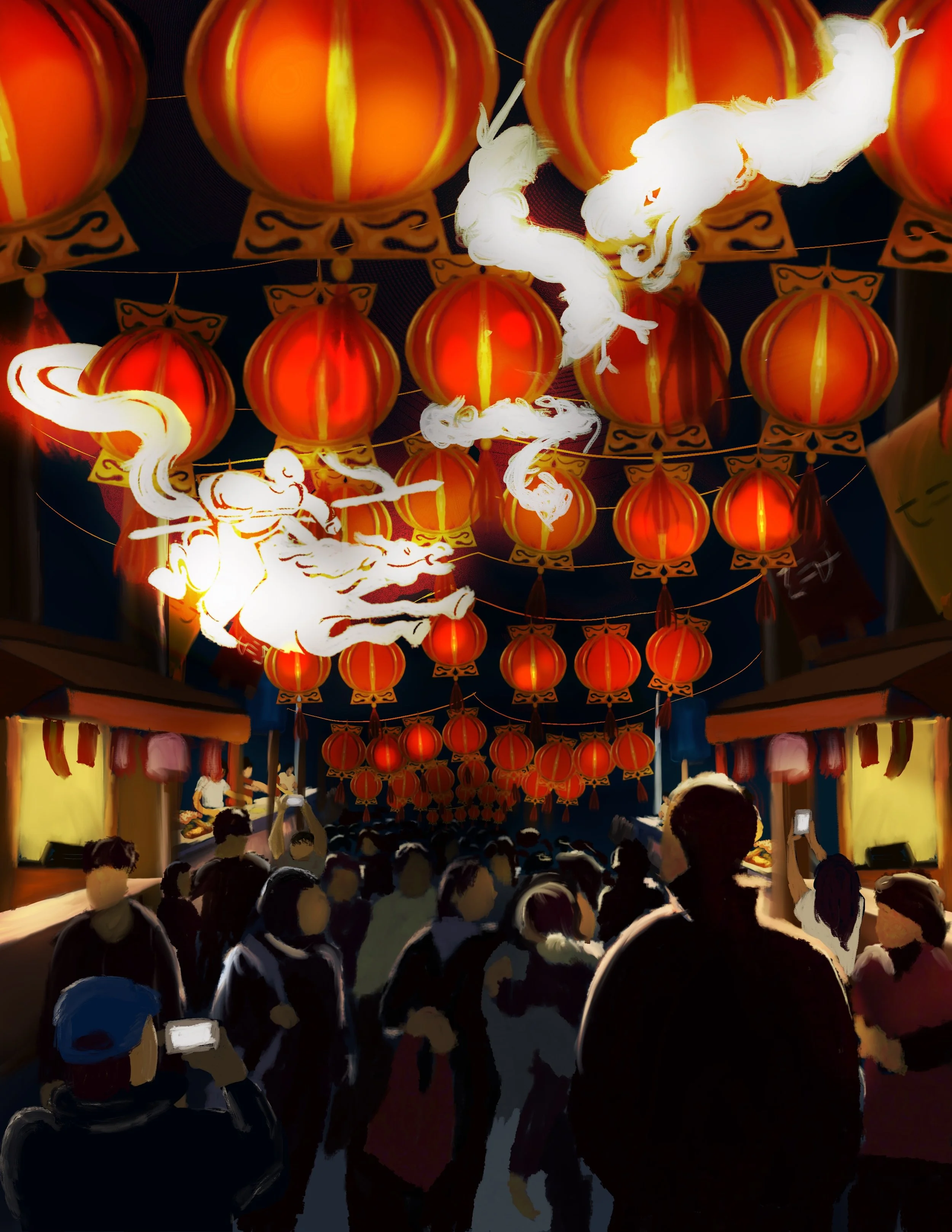 Lantern is inspired by the belief that lanterns protect us from evil spirits. Here, a lantern spirit rises to battle a dark force while the crowd below remains unaware, turning folklore into a moment of hidden heroism and protection.