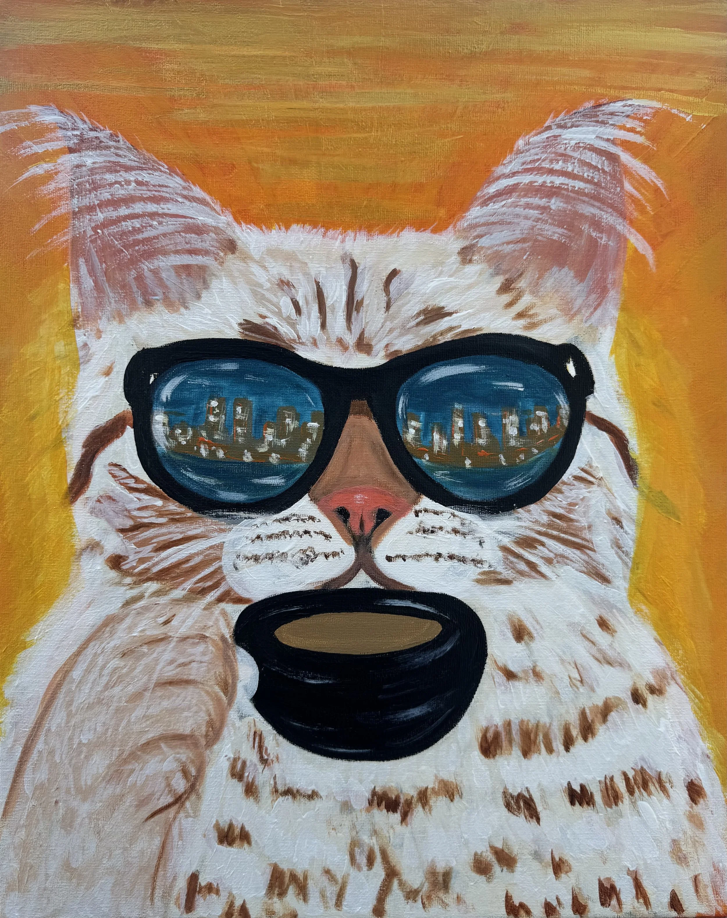 "The Cat with a Cup of Coffee" Original Painting 40x50cm