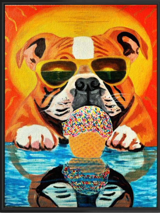 Gemalter Hund mit Sonnenbrille, der ein Eis hält, vor einem warmen Sonnenuntergang.