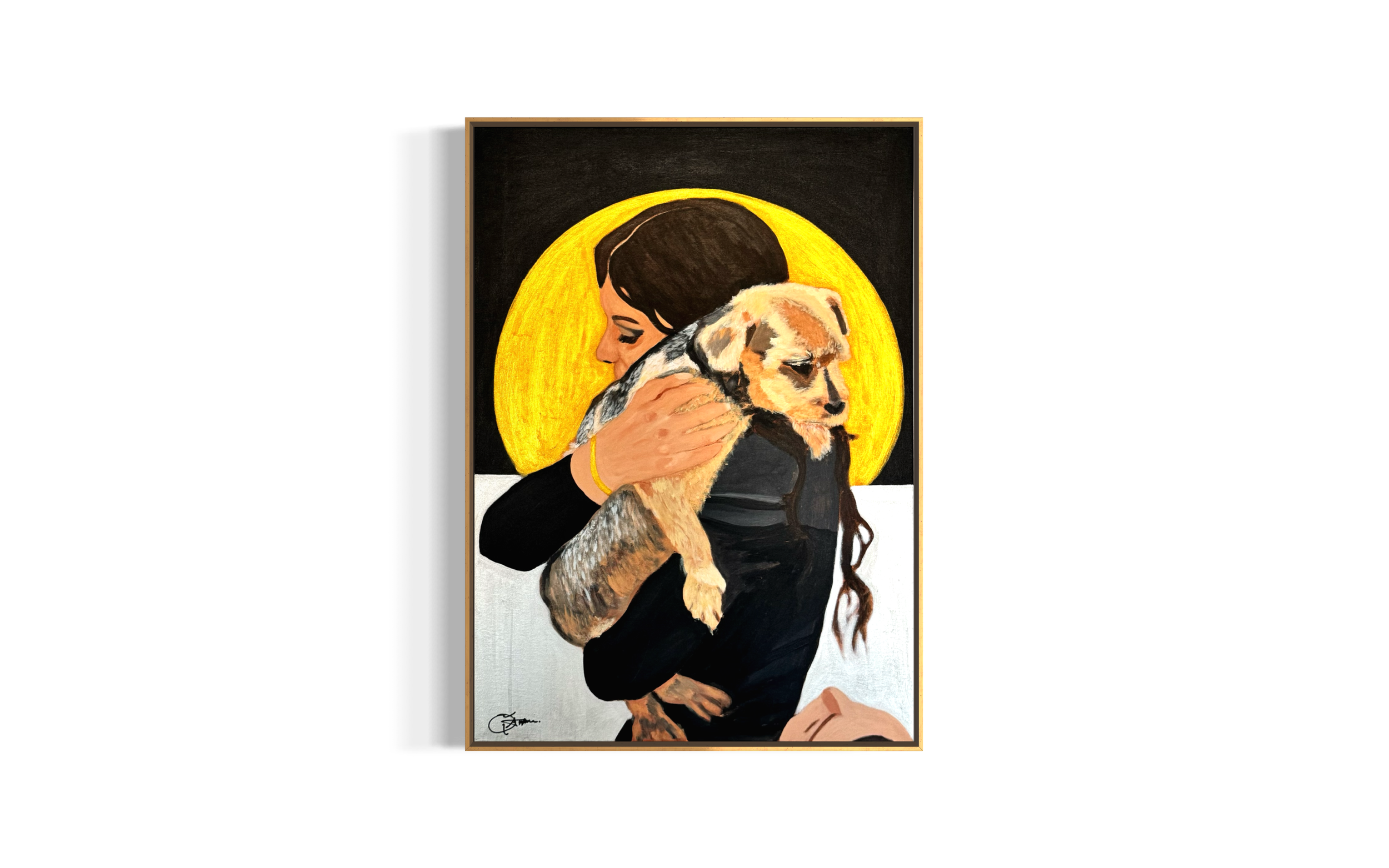 Malerei eines Mädchens mit braunen, langen Haaren, das ein Welpen hält, vor einem gelben Kreis auf schwarzem Hintergrund.