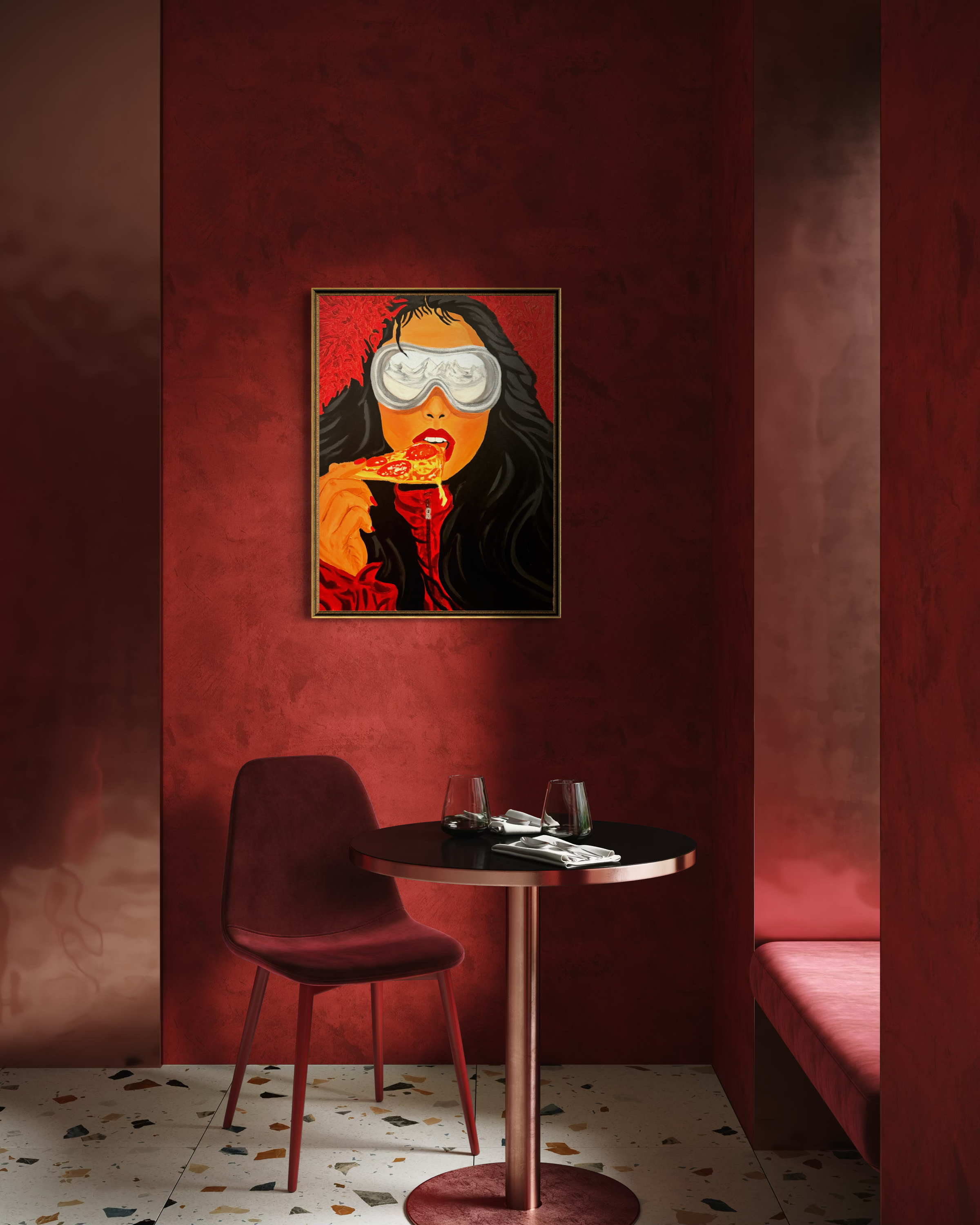 " The Lady in Red with a Sliced of Pizza A3 " (29.7 × 42 cm) ( Limited Edition Print 75 pcs numbered and signed )