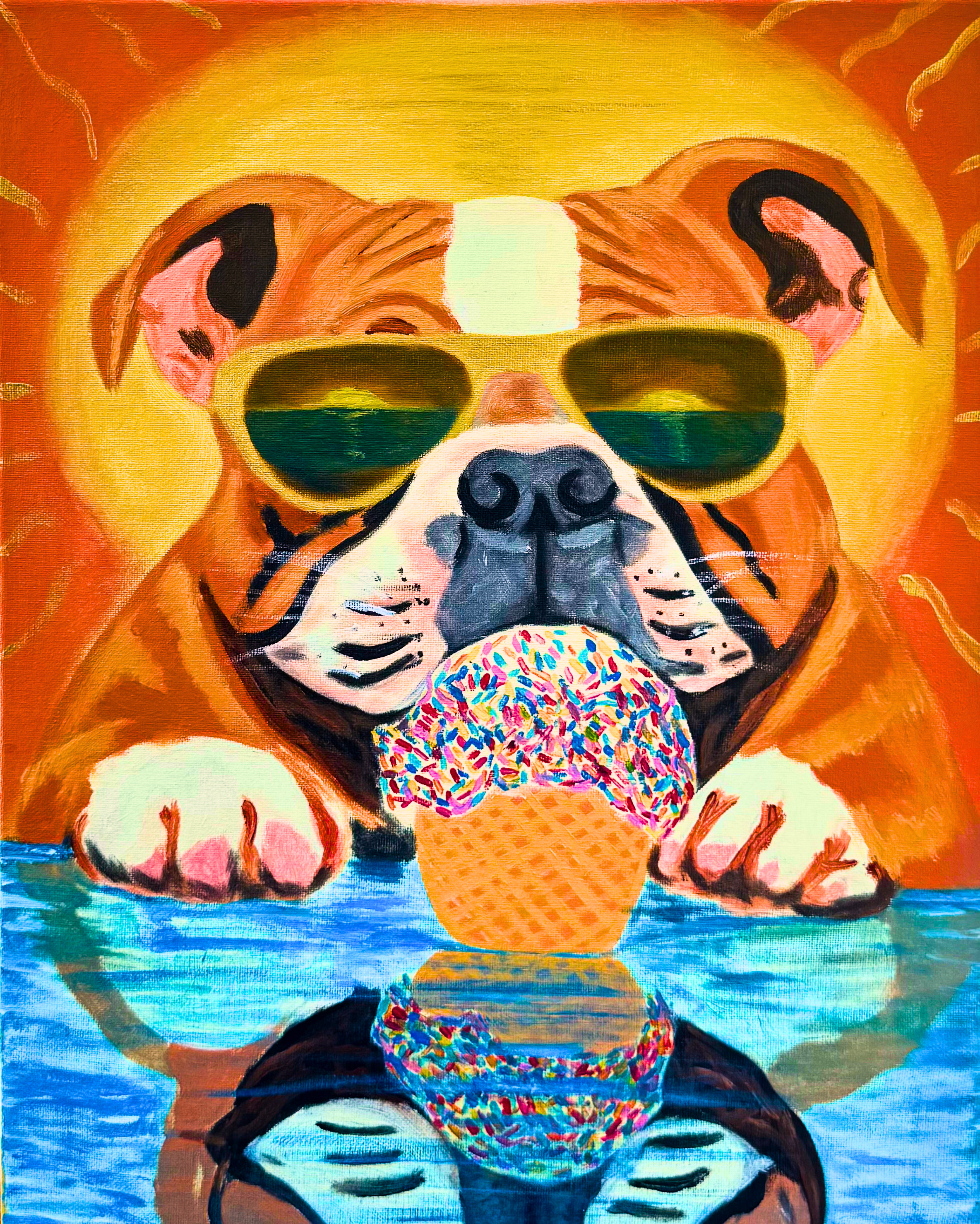 The Bulldog with Ice Cream ( Original Painting, Happiness and Reflections - Collection I