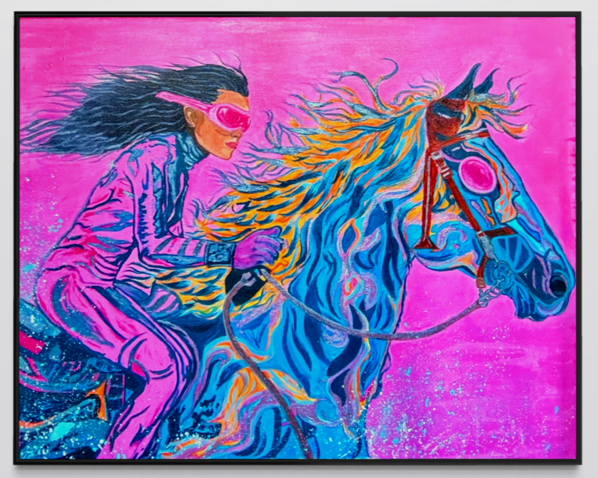 Ein buntes Wandbild zeigt eine person, die auf einem galoppierenden Pferd reitet, mit lebendigen Farben und dynamischen Linien gegen einen pinken Hintergrund.