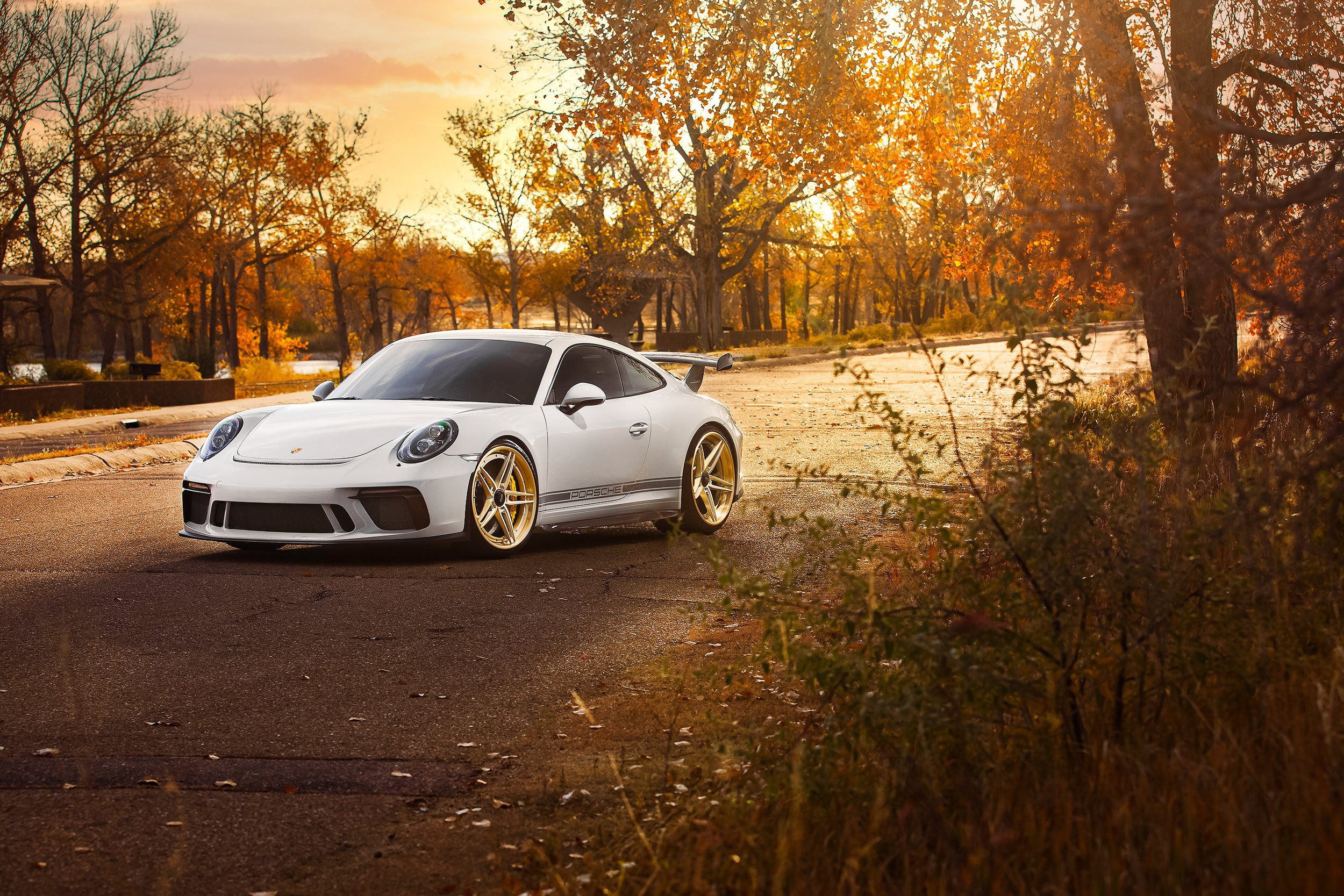A white Porsche sports car with gold wheels parked on an empty road during autumn, with trees and fallen leaves, and a warm sunset in the background.
