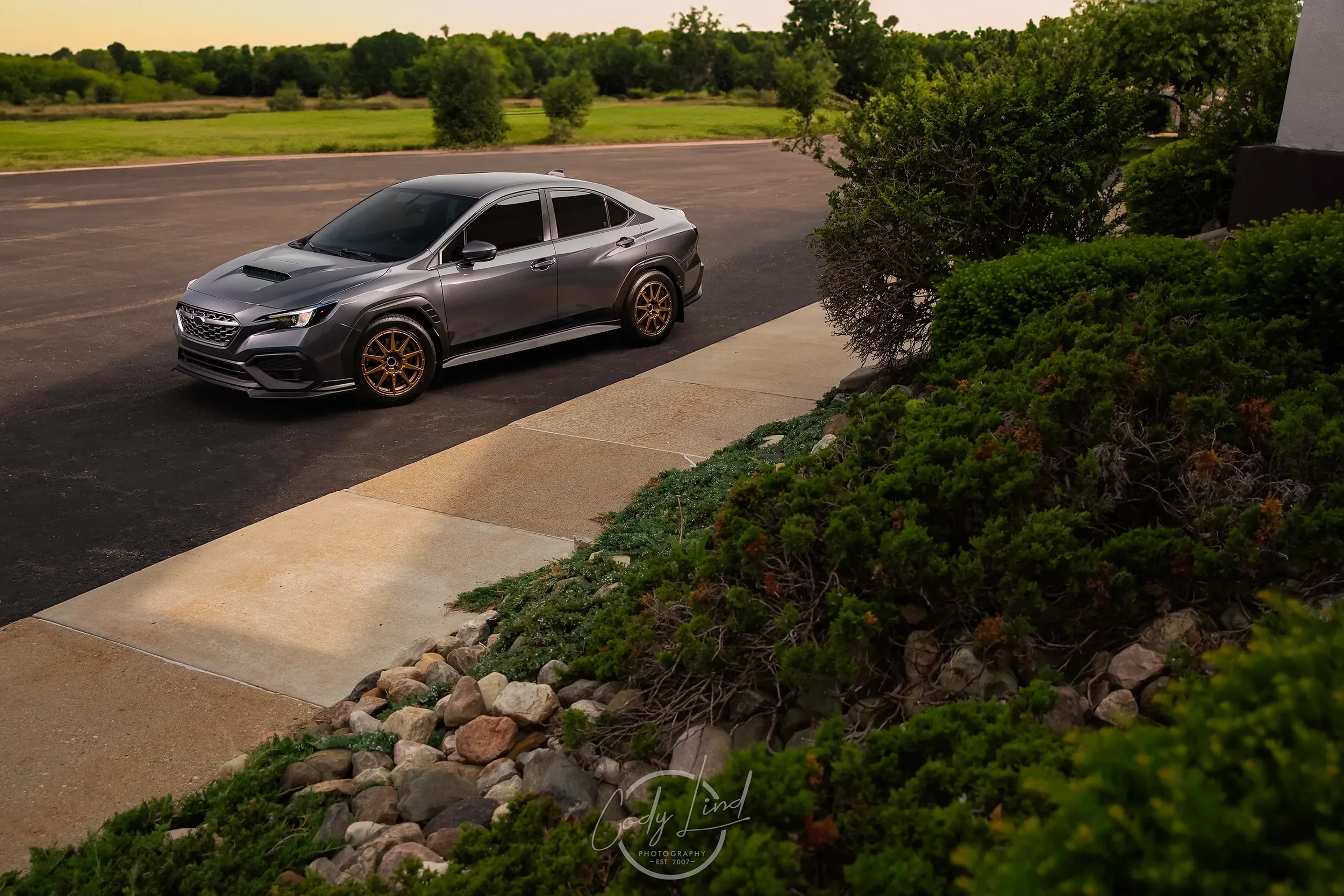 A gray sedan with bronze wheels parked on a paved driveway next to a landscaped area with bushes and rocks, against a background of green trees and open sky.