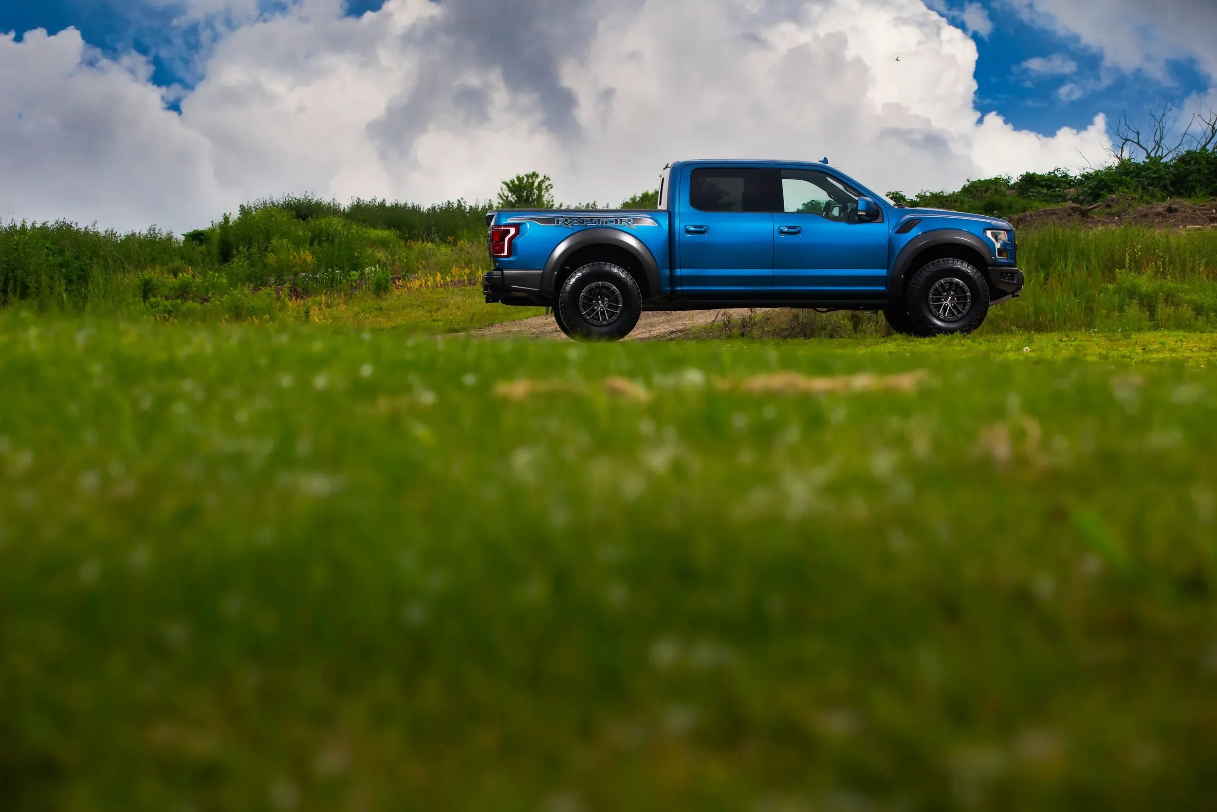 A blue pickup truck parked on grass with a cloudy sky in the background.