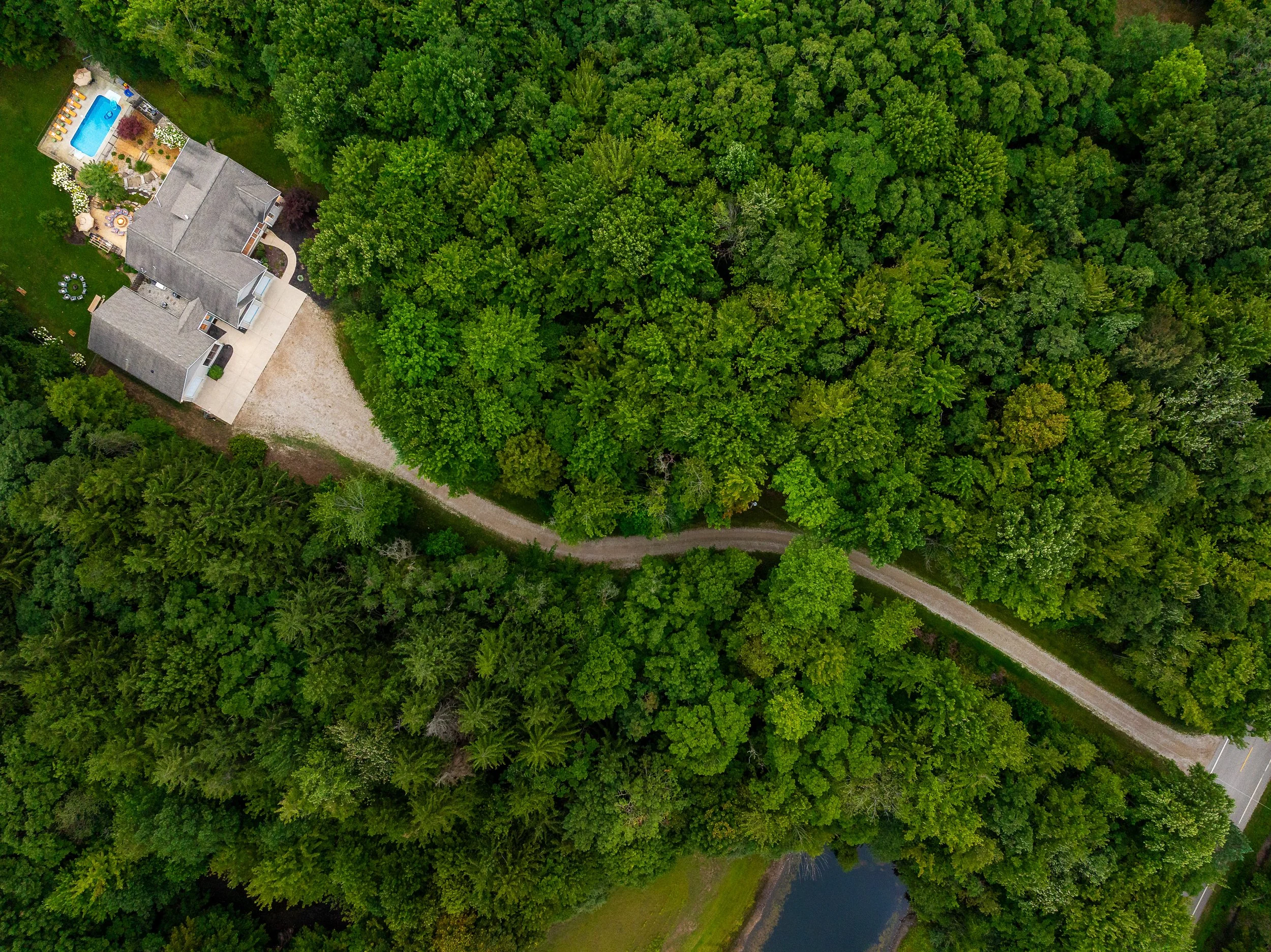 Aerial view of a house with a pool and patio, surrounded by dense green forest and a dirt driveway.