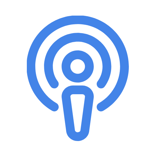 Podcast microphone icon in blue on black background.