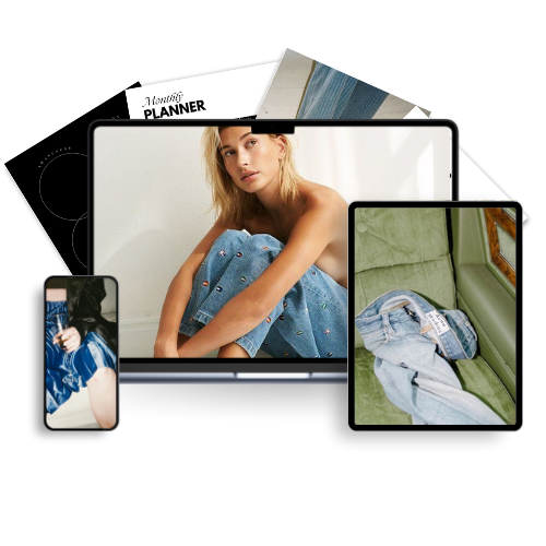 Digital devices showcasing photos of a young woman, a pair of jeans, and a planner.