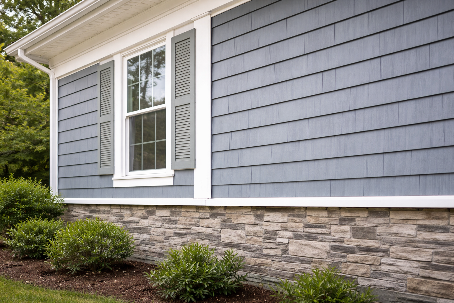Close-up of a house's exterior wall with gray horizontal siding, white trim, a large window with divided panes, decorative shutters, and a stone foundation, with plants and mulch in front.