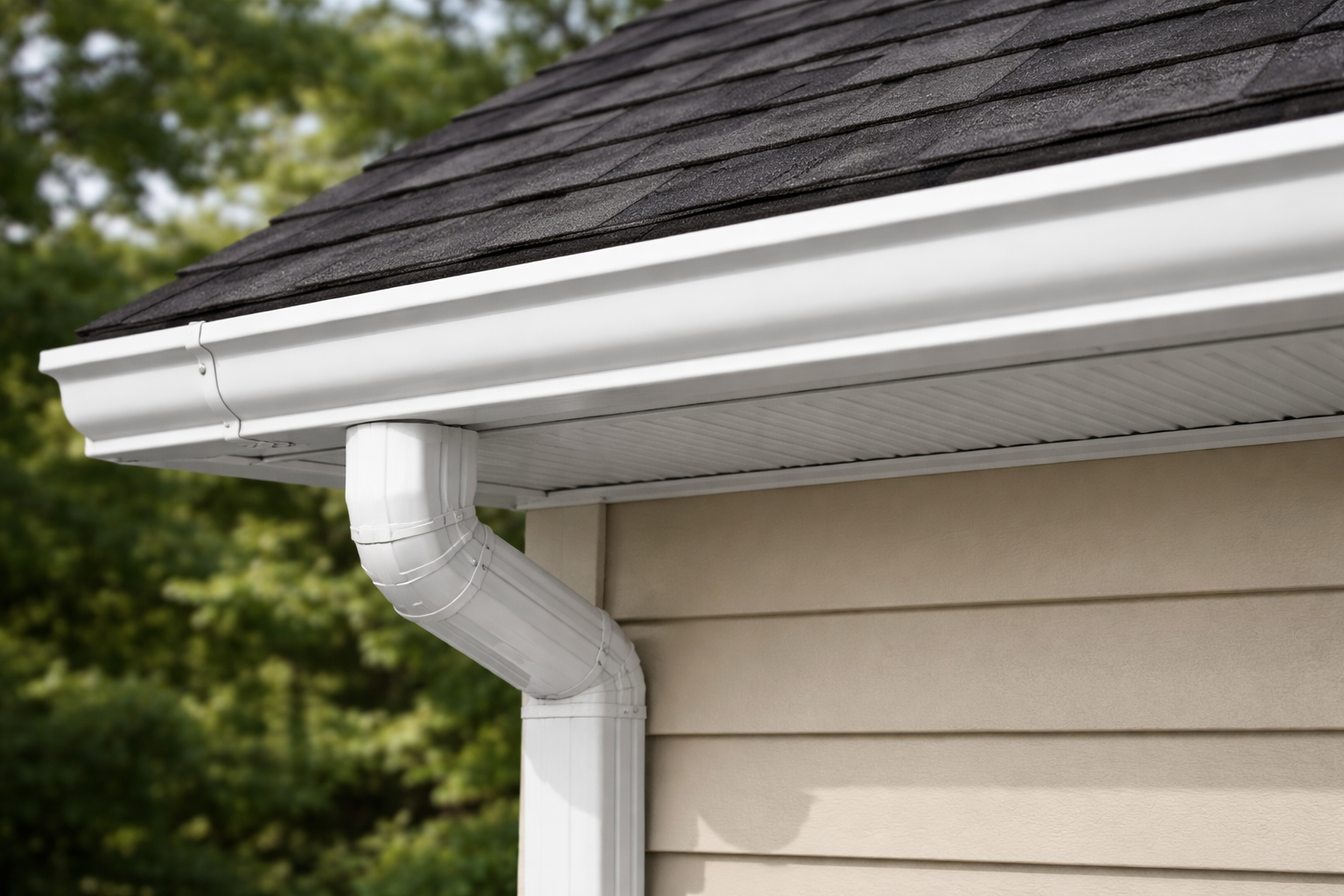 Close-up of a house gutter system with downspout on the beige house exterior, brown roof shingles, and trees in the background.
