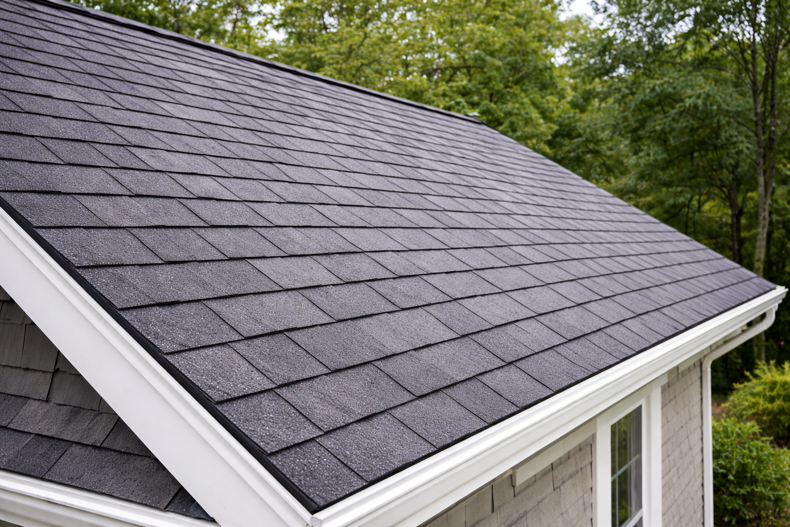 Close-up of a new asphalt shingle roof on a house, surrounded by green trees.