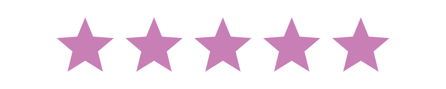 Five purple stars with black text above and below, indicating a five-star rating.