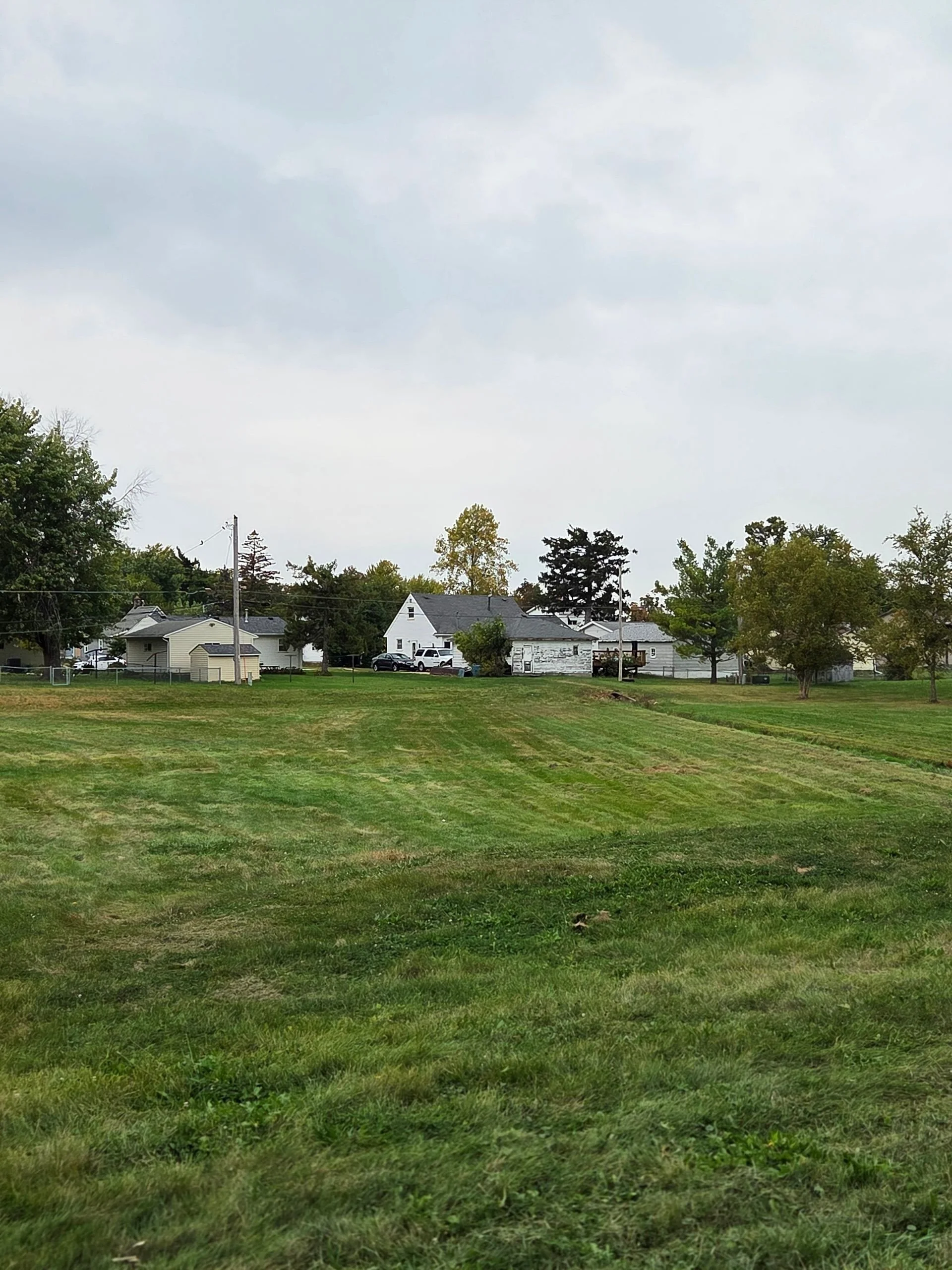A grassy field with houses and trees in the background under a cloudy sky.