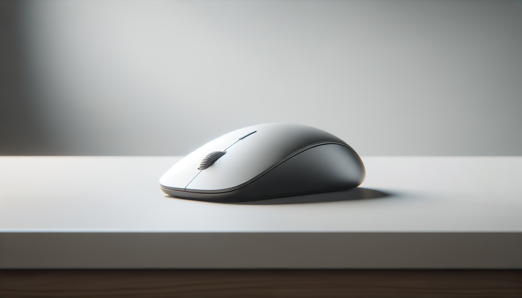 A modern computer mouse, black and white, placed on a white surface with soft lighting and a plain gray background.