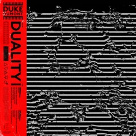Album cover with a red vertical stripe on the left side featuring text about Duke Dumont's "Duality" album. The main background consists of black and white horizontal lines with an abstract image layered over them.