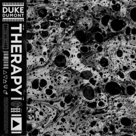 Black and white abstract pattern with various sized circles and marbled details. Left side features a vertical black strip with white text that says 'Duke Dumont' and 'Therapy,' along with various symbols and icons.
