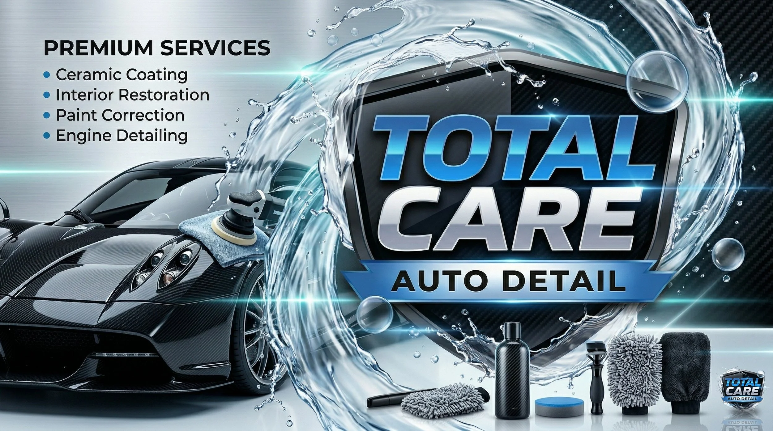 An advertisement for Total Care Auto Detail services featuring a black sports car with a water spray and various car cleaning tools including a microfiber towel, spray bottle, and polishing tools.