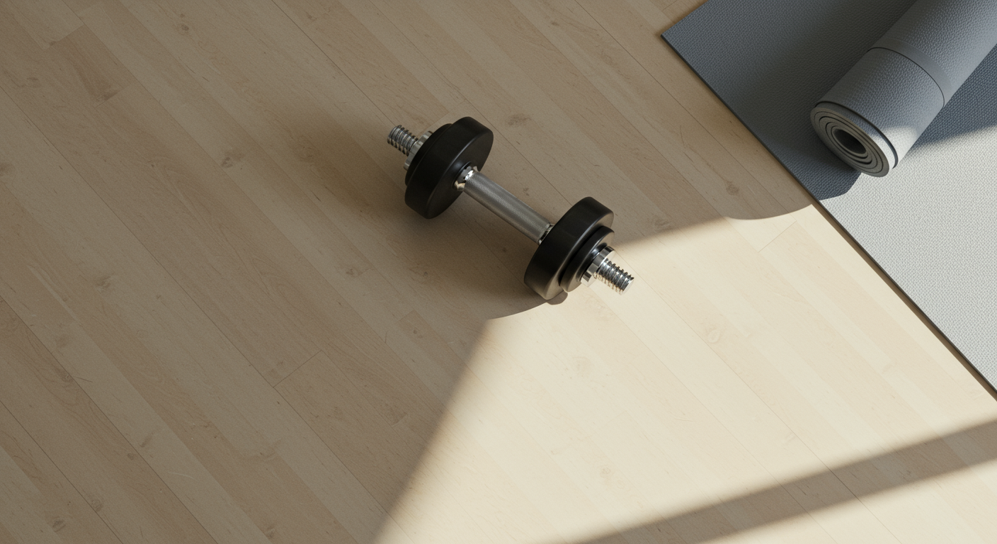 A dumbbell bar with weights on either end is laying on a wooden floor next to a yoga mat and a rolled-up exercise mat.
